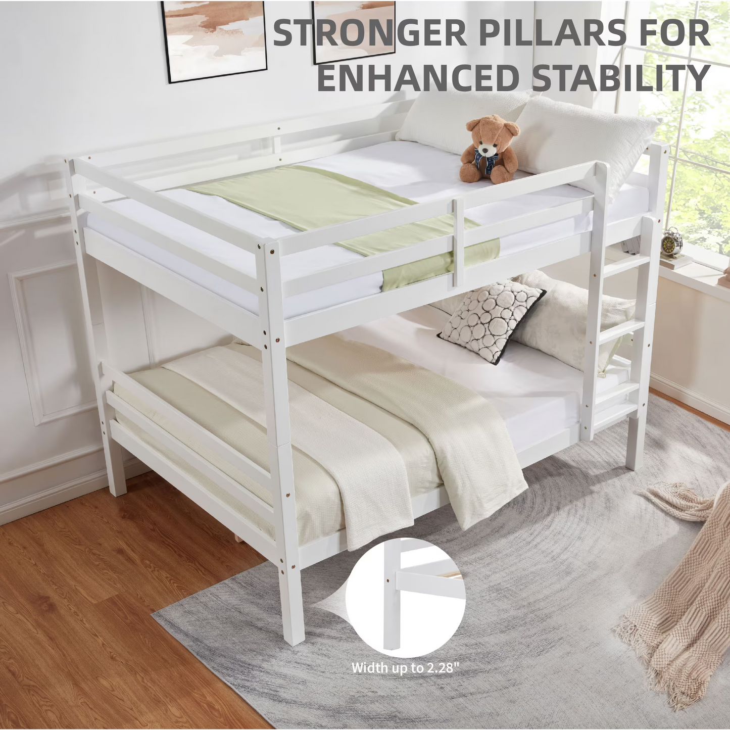 CAFORKP Full Over Full Solid Wood Bunk Bed with Thick Posts, High Guardrail & Ladder, 400LBS Capacity - White