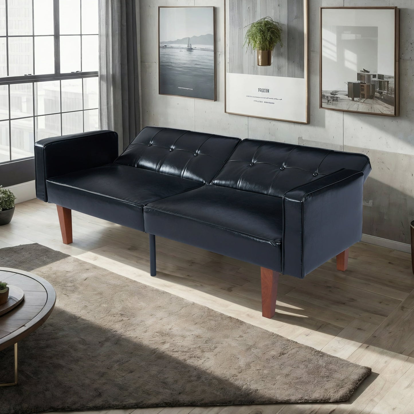 CAFORKP Black Glossy PU Leather Sofa, Solid Wood Frame, Foam & Spring Support, Modern Design