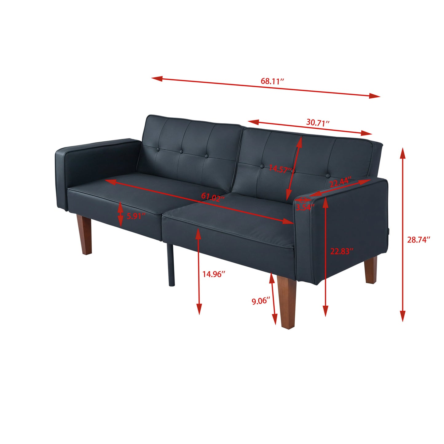 CAFORKP Black Faux Leather Sofa, Solid Wood Frame, Mid-Century Style, Foam & Spring Support