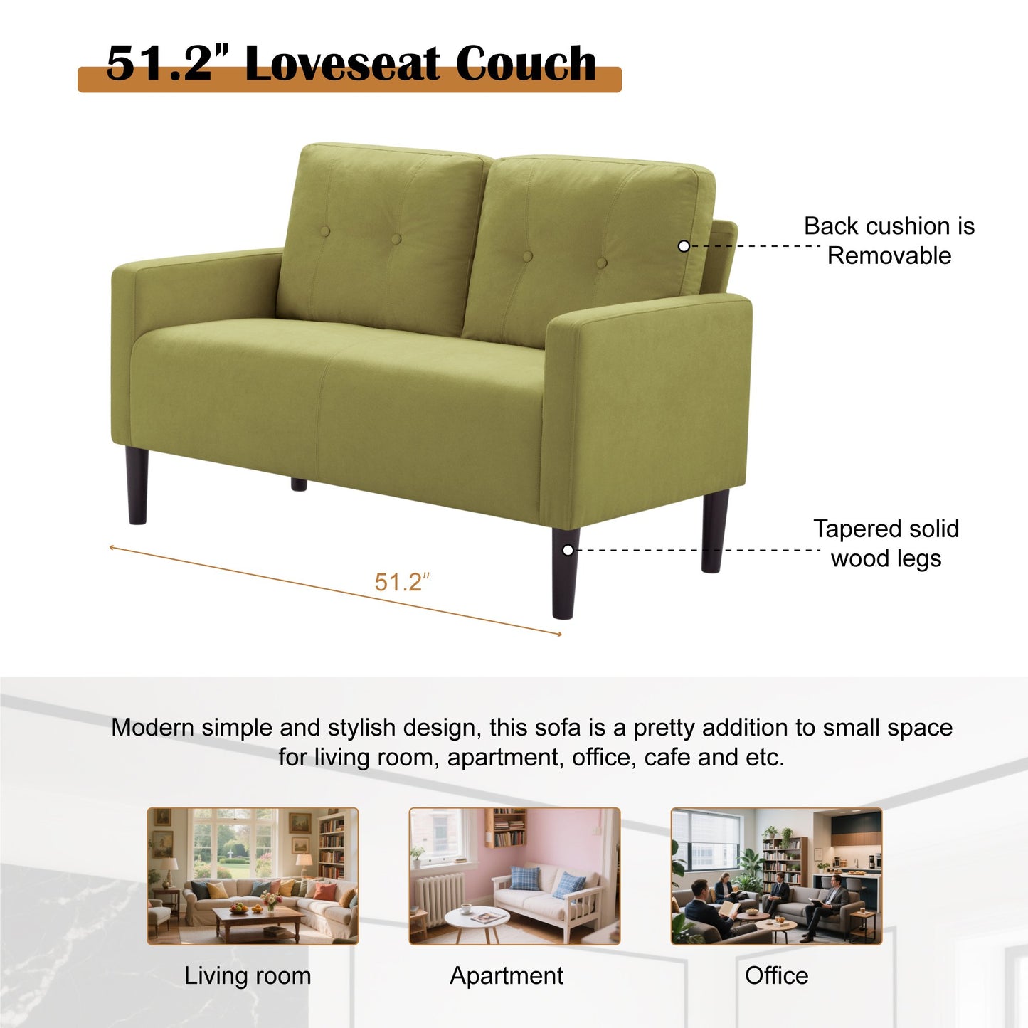 CAFORKP 51.2" Green Loveseat Sofa with Removable Cushions, Solid Wood Frame, Modern Design