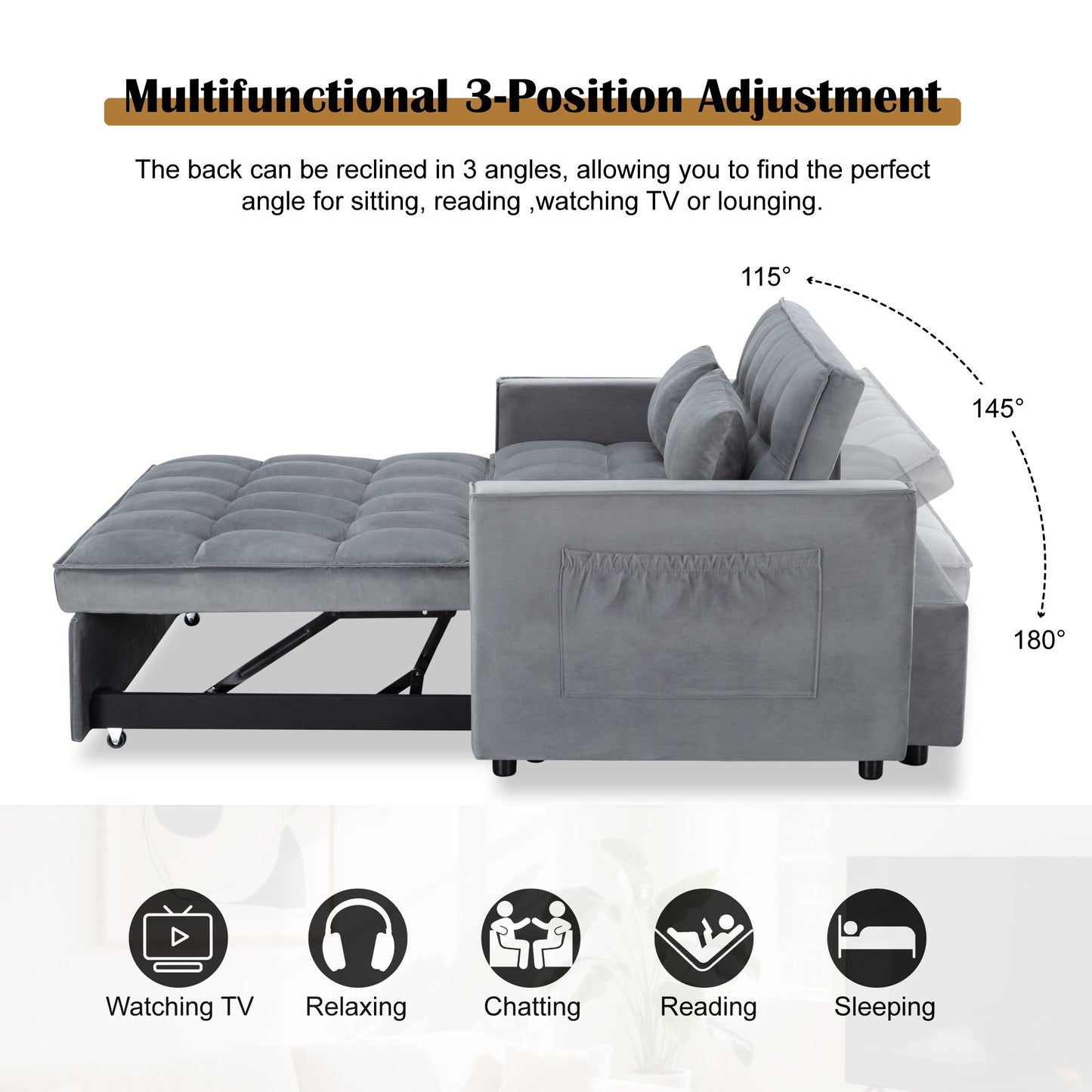 CAFORKP 55" Twin Size Pull-out Sleeper Sofa Bed with Reclining Back, Velvet Upholstery, Gray