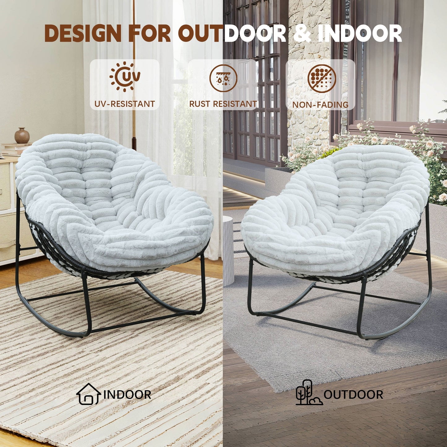 CAFORKP Carson Rocking Chair for Indoor/Outdoor Use, Plush Cushion, Steel Frame, Comfortable, Light Gray
