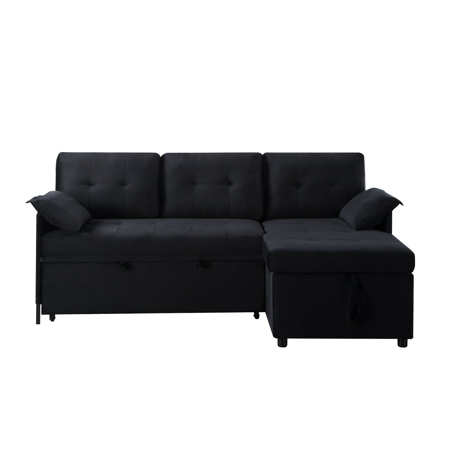CAFORKP 77.6” Reversible Sectional Sleeper Sofa with Pull-out Bed and Storage Chaise, Velvet, Black