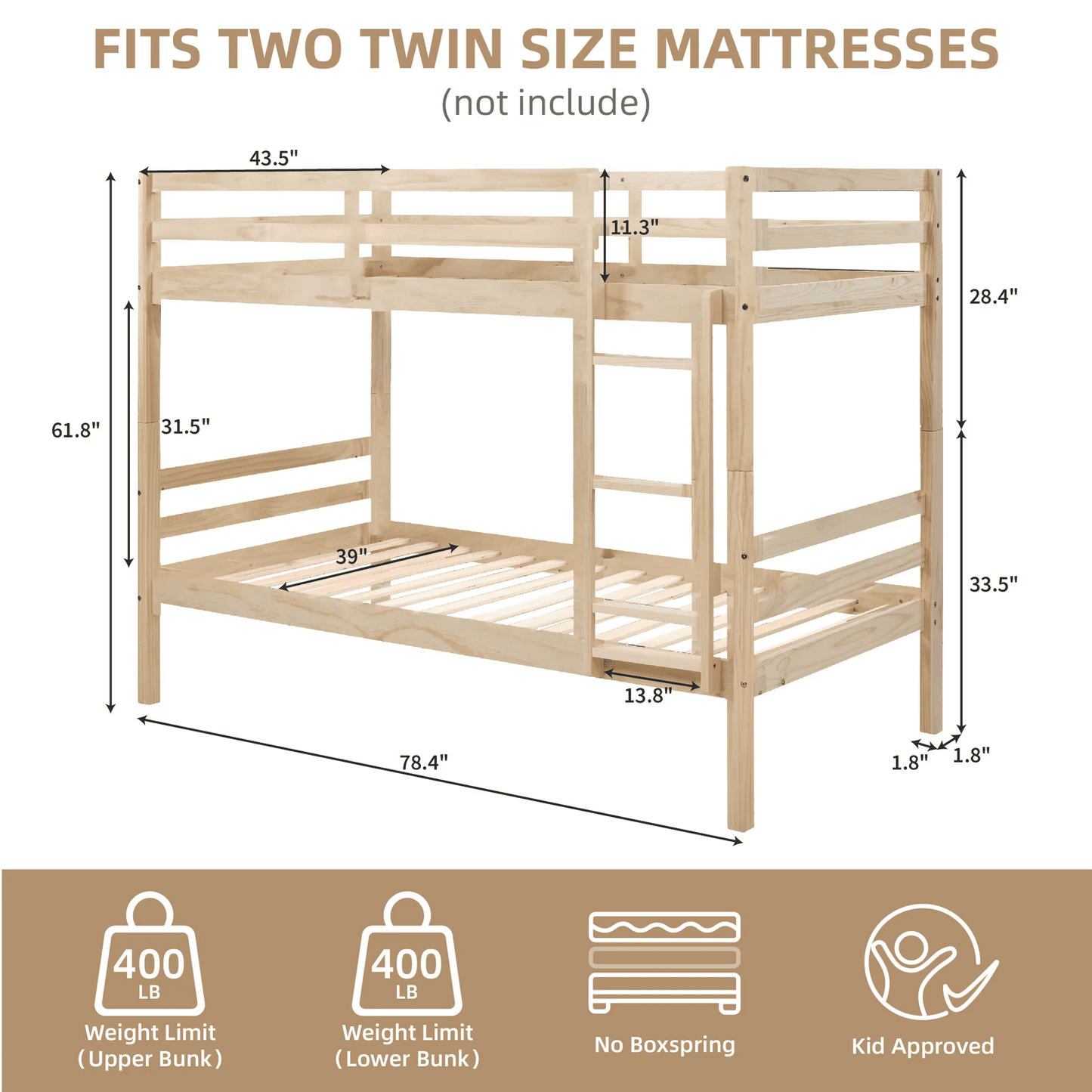 CAFORKP Solid Wood Bunk Bed for Kids with Safety Guardrail, 400 lbs Weight Capacity - Natural Wood