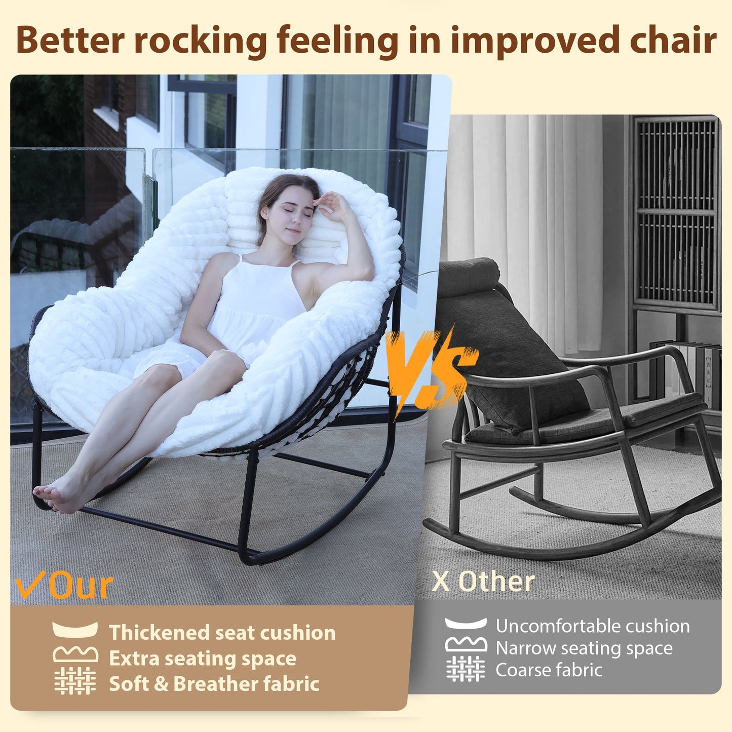 CAFORKP Carson Rocking Chair for Indoor/Outdoor Use, Plush Cushion, Steel Frame, Comfortable, White