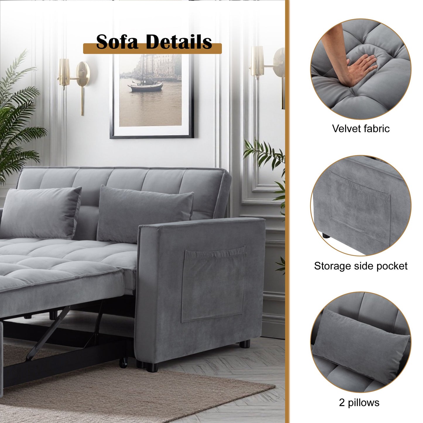 CAFORKP 55" Twin Size Pull-out Sleeper Sofa Bed with Reclining Back, Velvet Upholstery, Gray