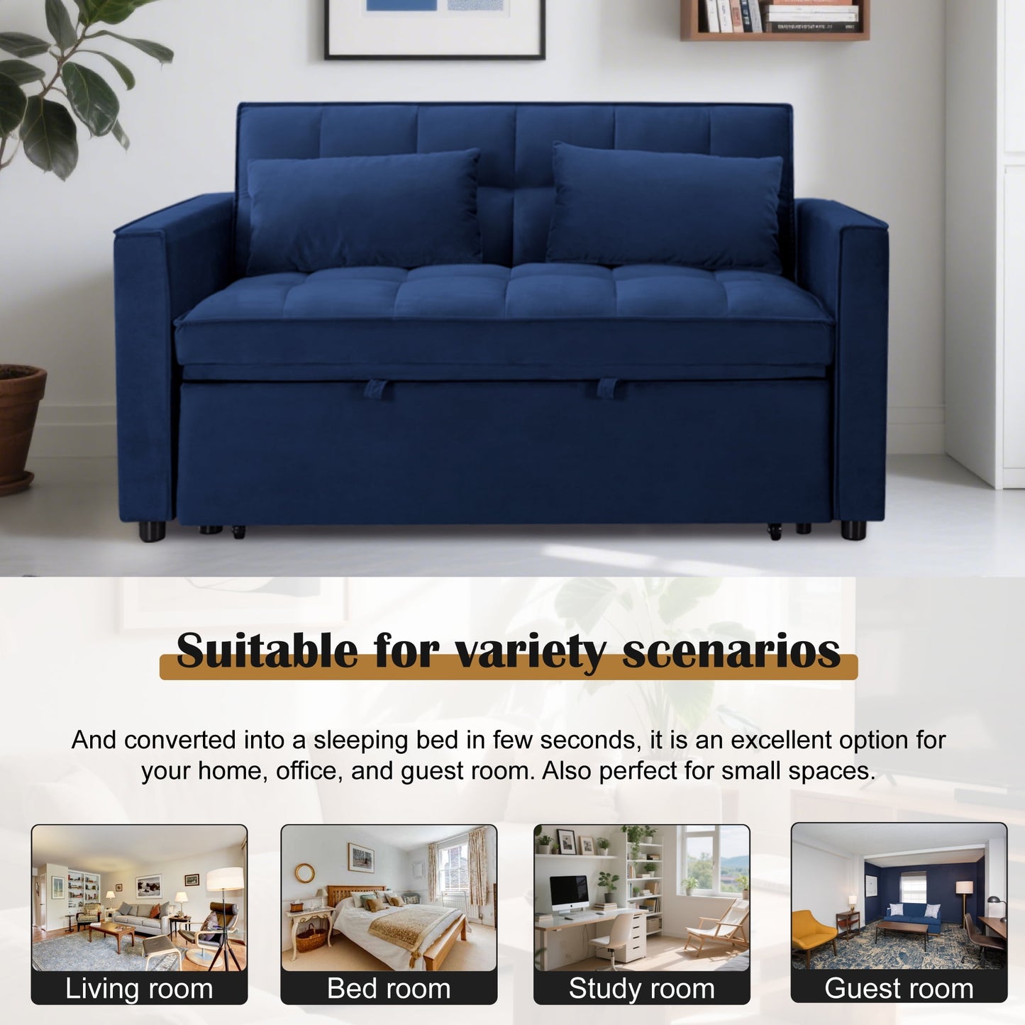 CAFORKP 55" Twin Size Pull-out Sleeper Sofa Bed with Reclining Back, Velvet Upholstery, Blue