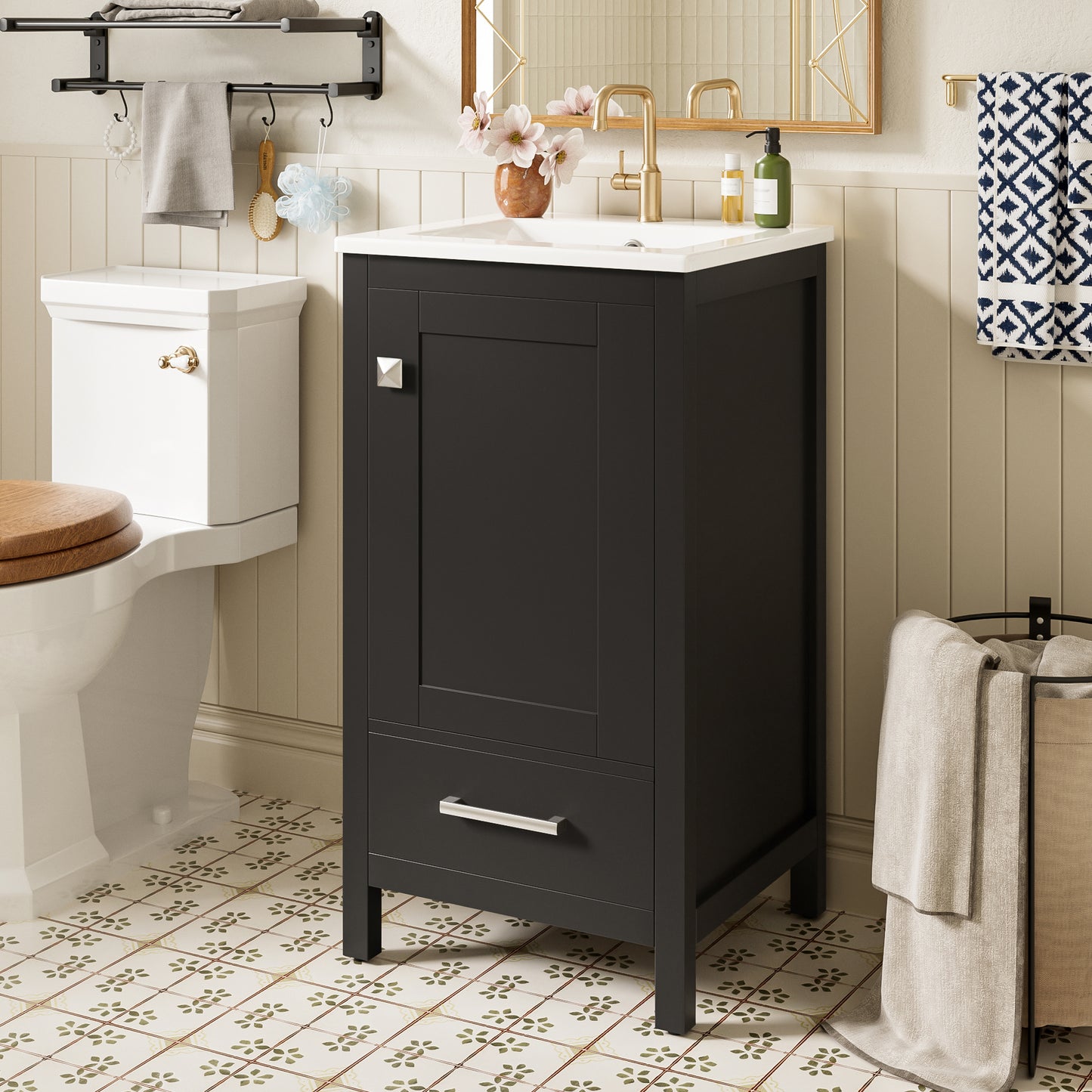 Solid Wood Bathroom Vanity with Ceramic Sink, Soft-Closing Door, and Storage, 18-Inch