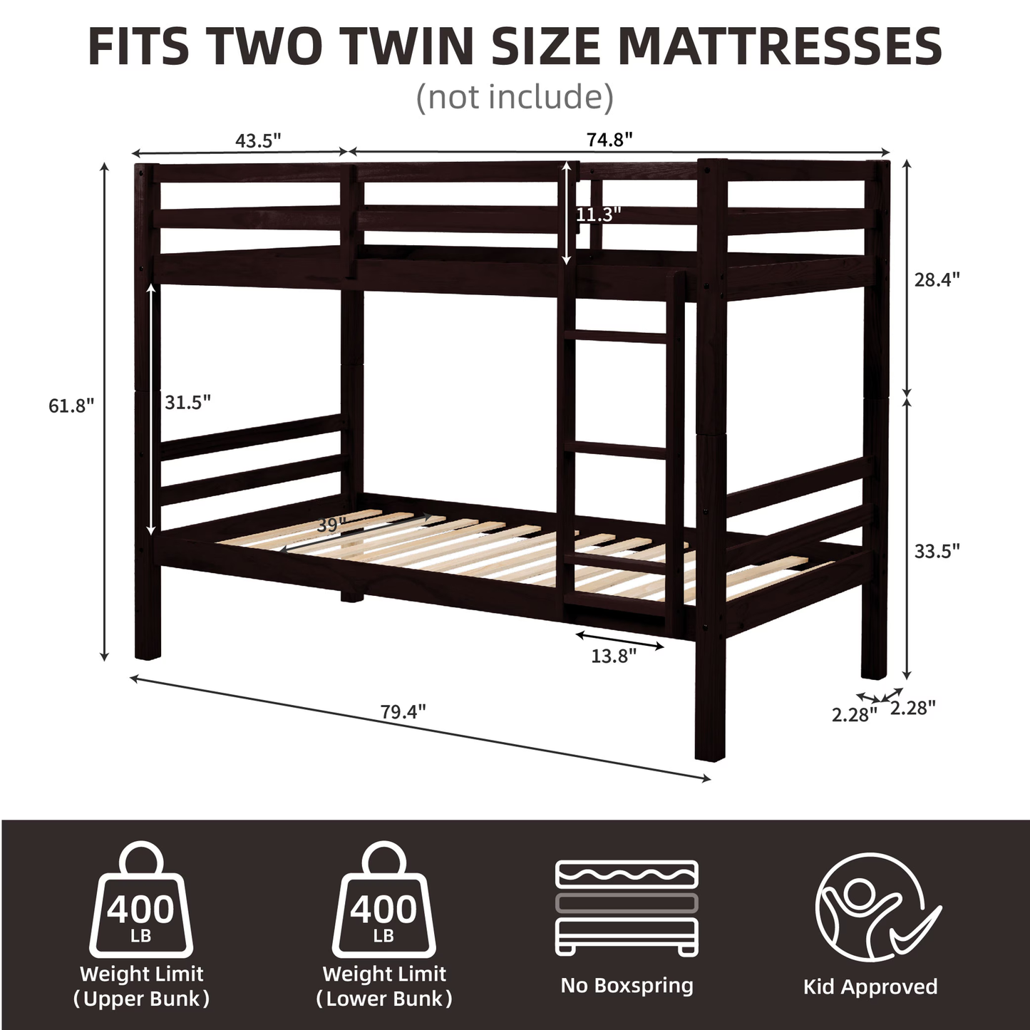 CAFORKP Solid Wood Twin over Twin Bunk Bed with Thickened Posts, Ladder & Guardrails, 400lbs Capacity,Dark Brown