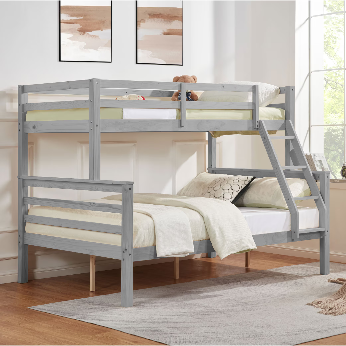 CAFORKP Twin Over Full Wooden Bunk Bed with Thick Posts, High Guardrail & Ladder for Kids, Gray