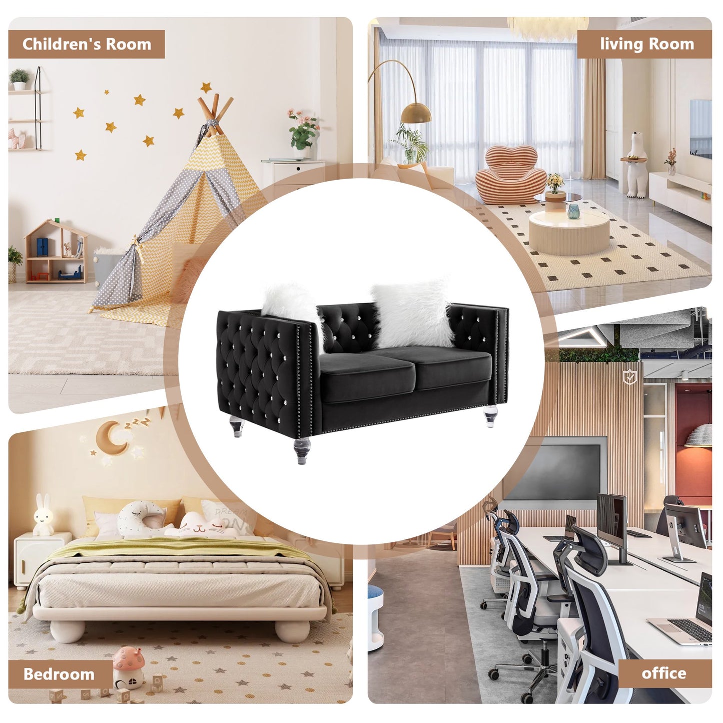 CAFORKP Velvet Loveseat Sofa, Solid Wood Frame, Polyester Upholstery, Foam Filled, Tufted, Black