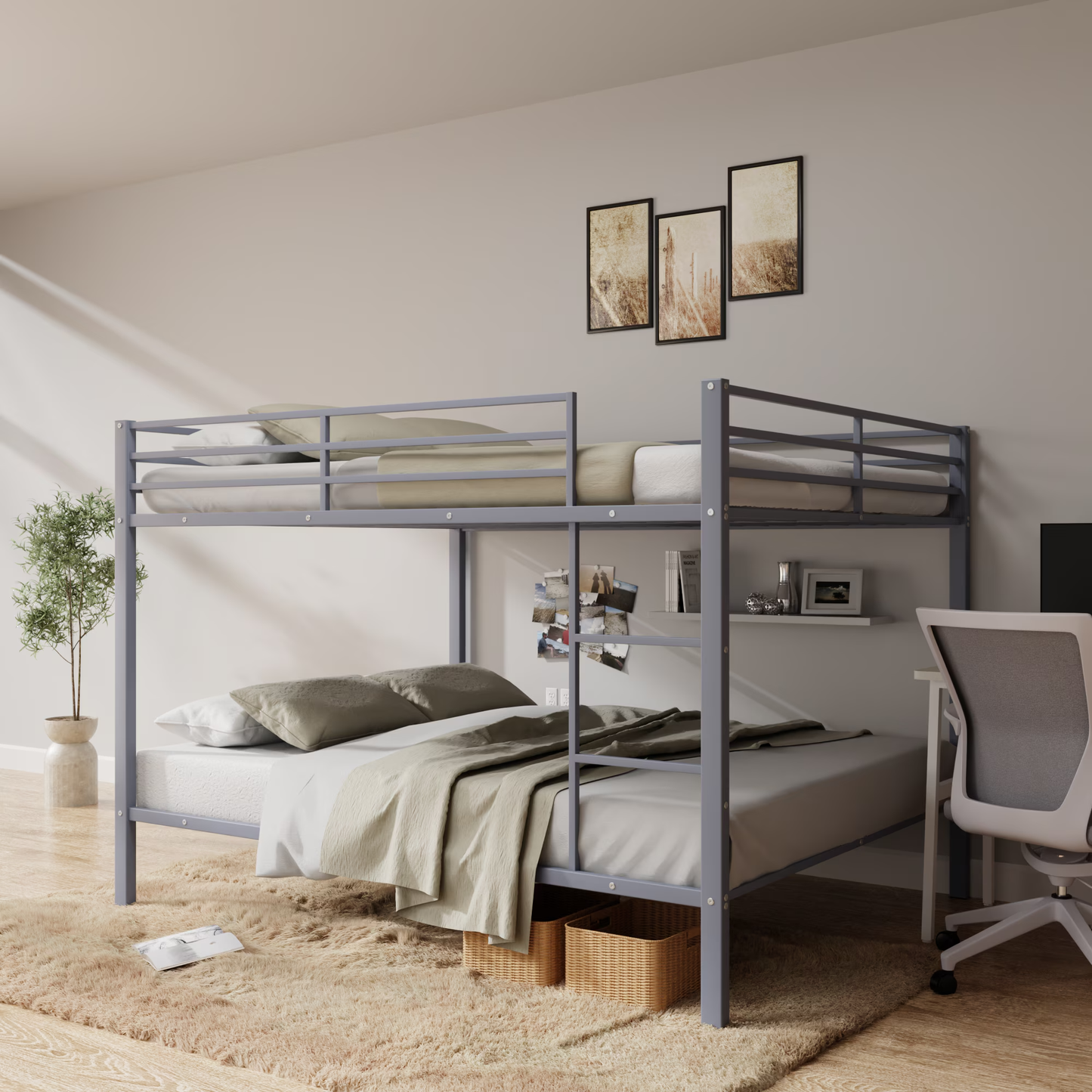 CAFORKP Heavy Duty Metal Full Over Full Bunk Bed with Ladder, Safety Guardrail & Steel Slats for Kids, Gray