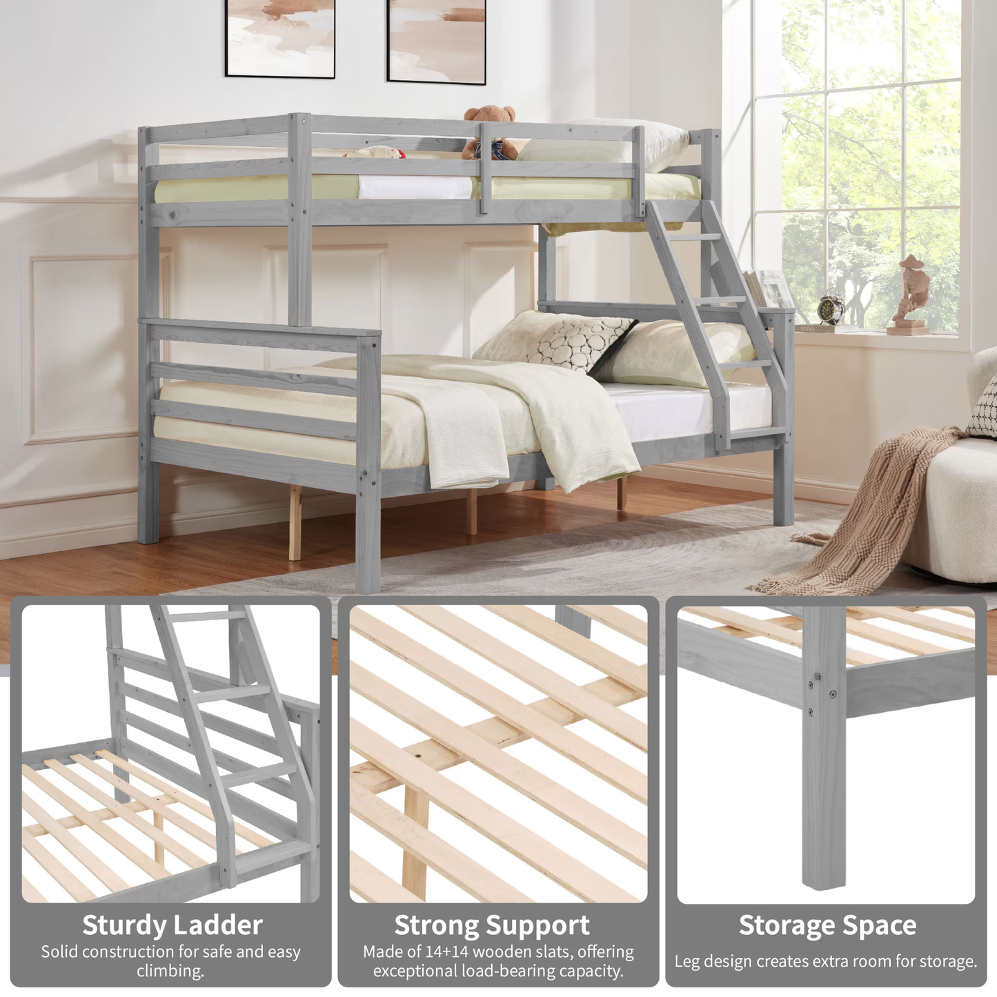 CAFORKP Twin Over Full Wooden Bunk Bed with Thick Posts, High Guardrail & Ladder for Kids, Gray