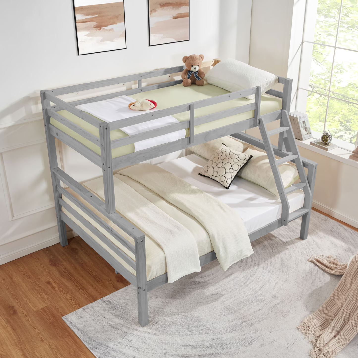 CAFORKP Twin Over Full Wooden Bunk Bed with Thick Posts, High Guardrail & Ladder for Kids, Gray