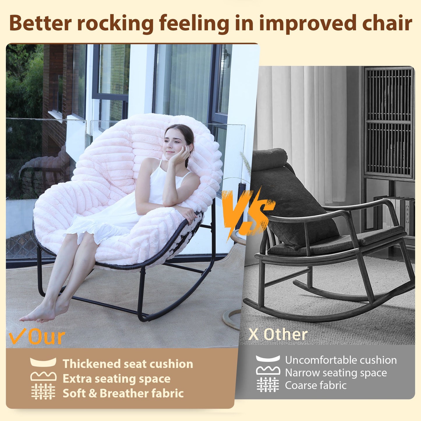 CAFORKP Carson Rocking Chair for Indoor/Outdoor Use, Plush Cushion, Steel Frame, Comfortable, Pink