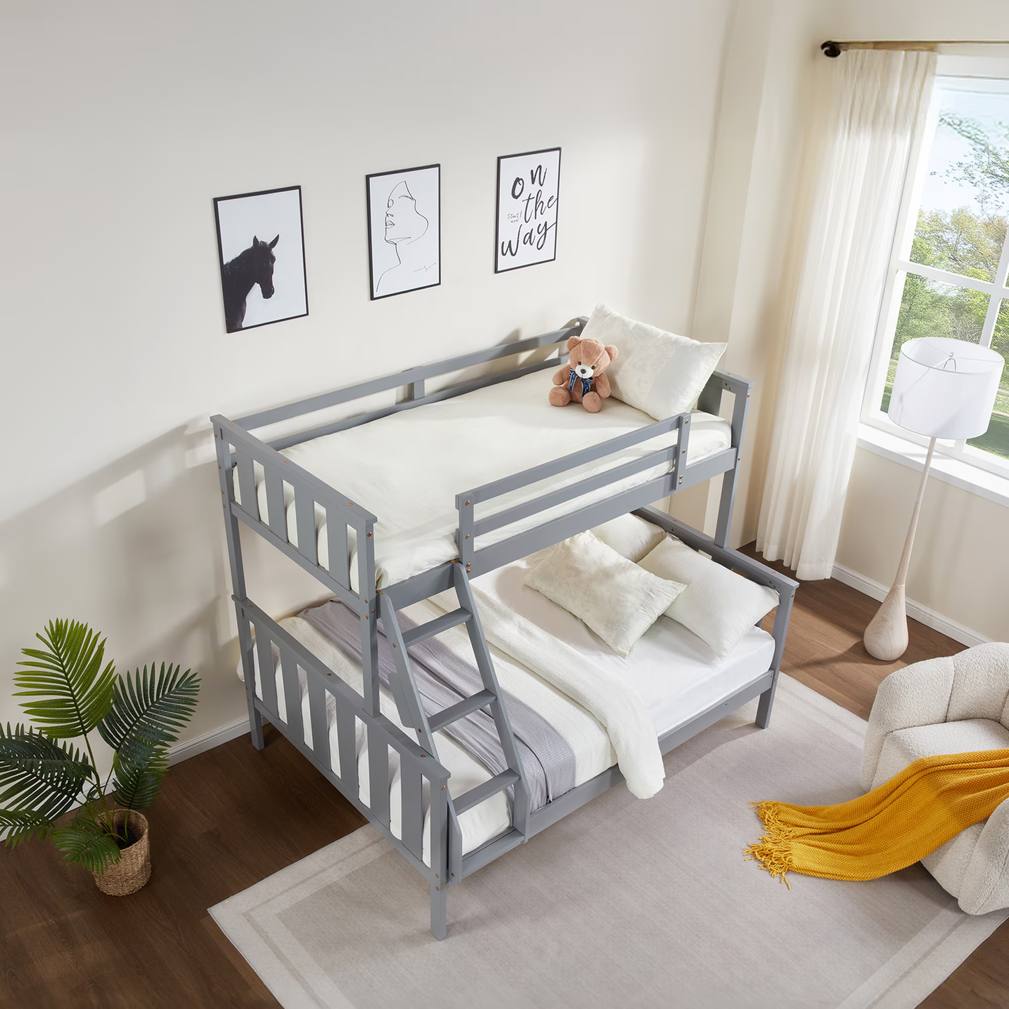 CAFORKP Solid Wood Twin Over Full Bunk Bed - Kids & Teens, Flexible Ladder, Gray