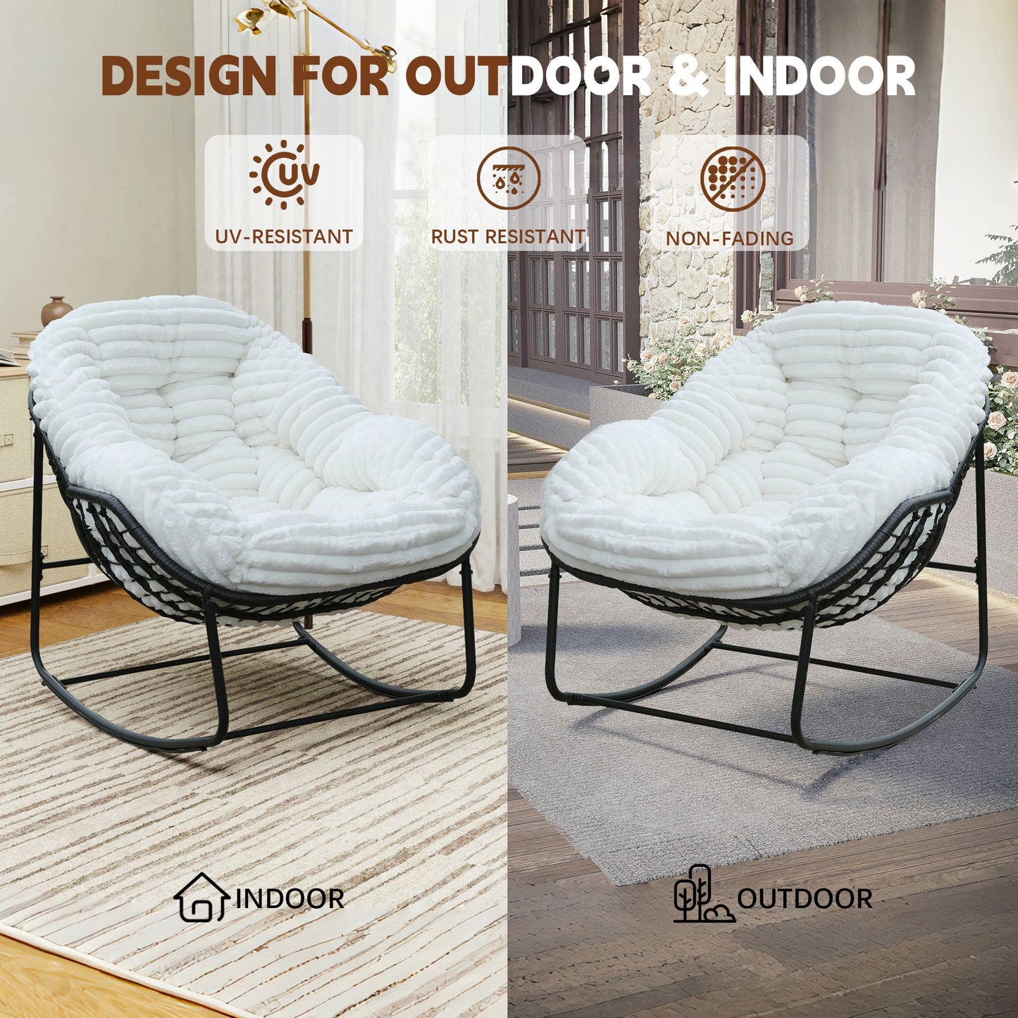 CAFORKP Carson Rocking Chair for Indoor/Outdoor Use, Plush Cushion, Steel Frame, Comfortable, White