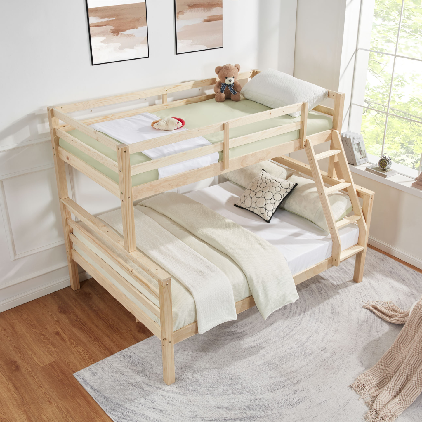 CAFORKP Twin Over Full Wooden Bunk Bed with Thick Posts, High Guardrail & Ladder for Kids, Natural Wood