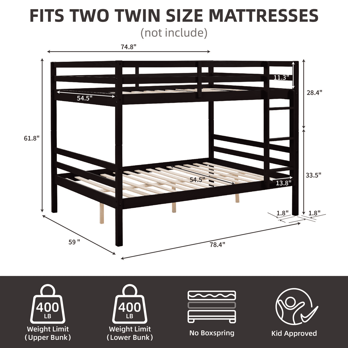 CAFORKP Solid Wood Full over Full Bunk Bed with Ladder & Guardrails, 400lbs Capacity, for Kids,Dark Brown