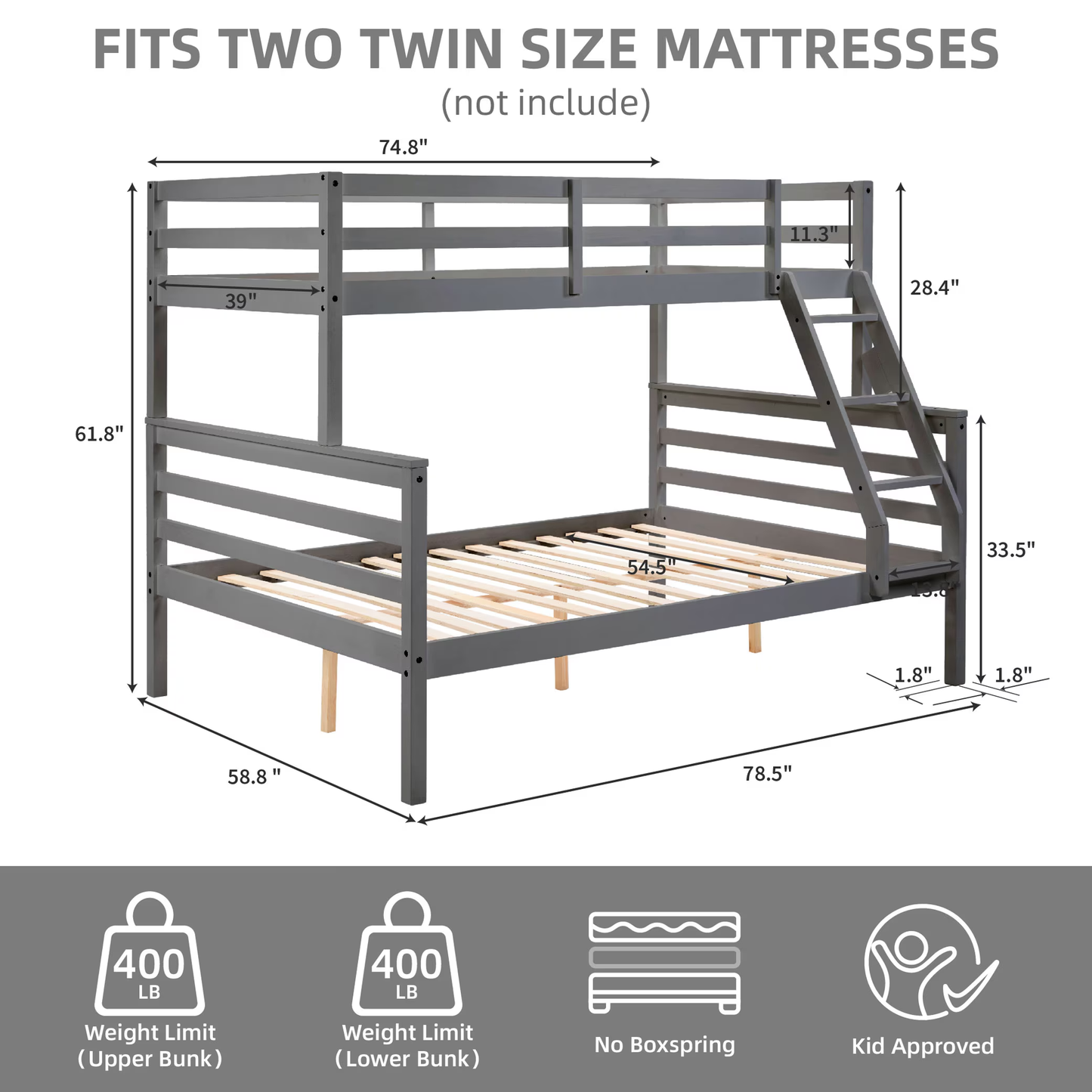 CAFORKP Solid Wood Twin Over Full Bunk Bed with Ladder and High Guardrail – Ideal for Kids & Teens, Grey