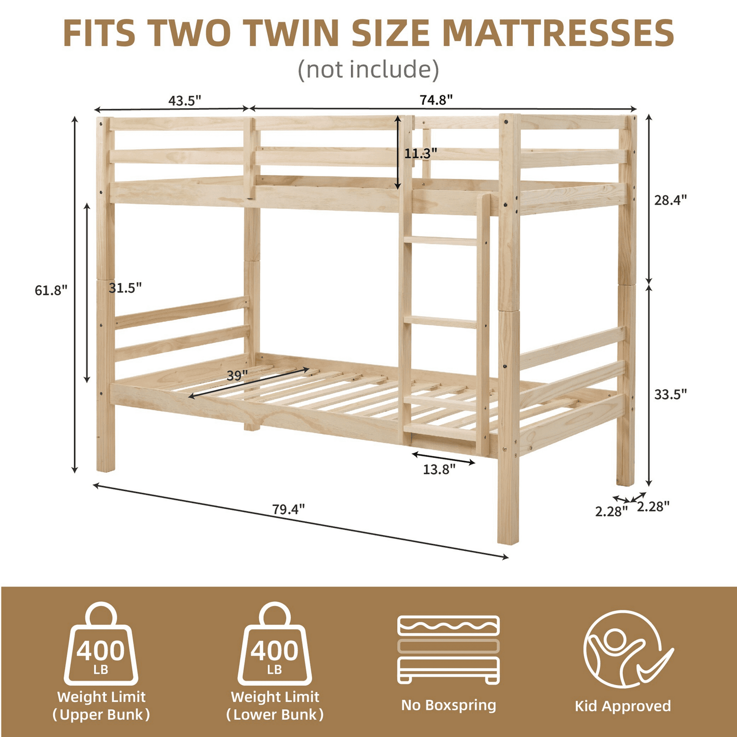 CAFORKP Solid Wood Twin over Twin Bunk Bed with Thickened Posts, Ladder & Guardrails, 400lbs Capacity,Natural Wood
