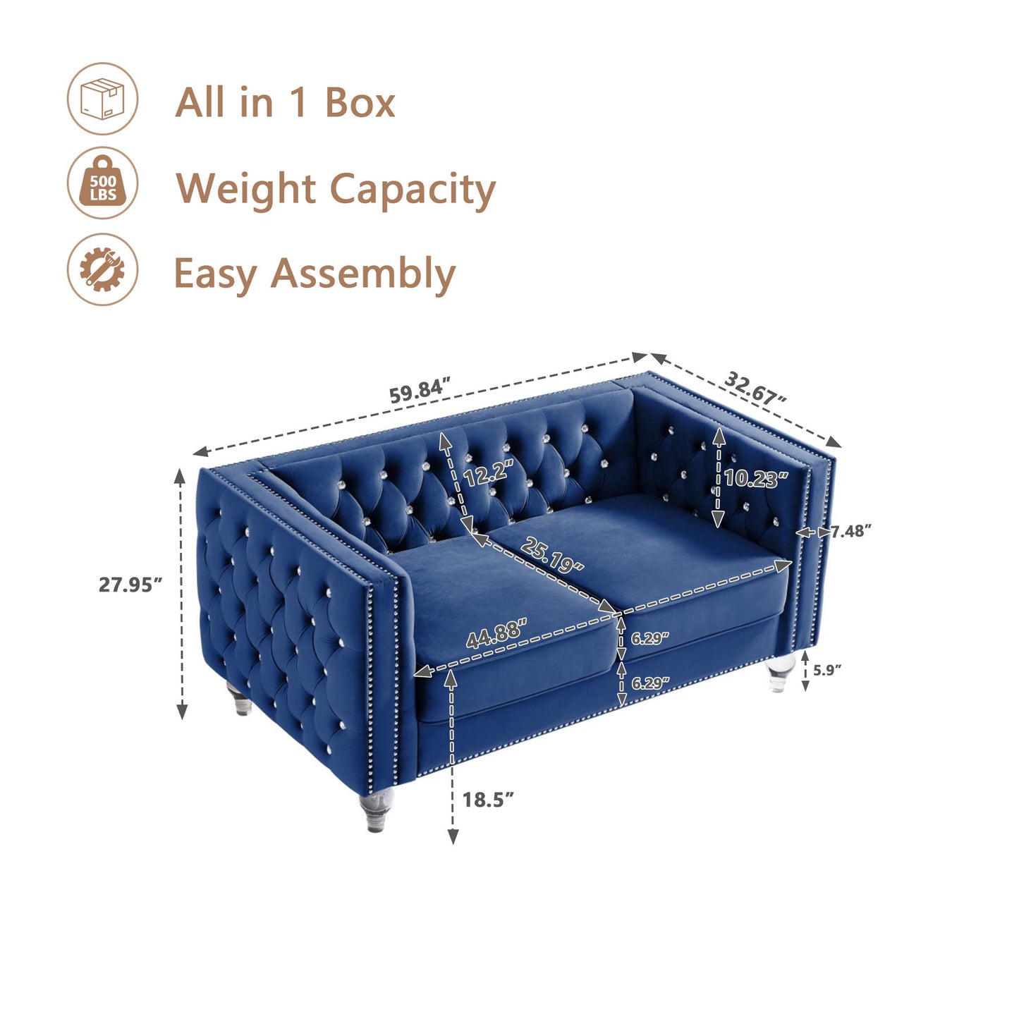 CAFORKP Velvet Loveseat Sofa, Solid Wood Frame, Polyester Upholstery, Foam Filled, Tufted, Navy Blue
