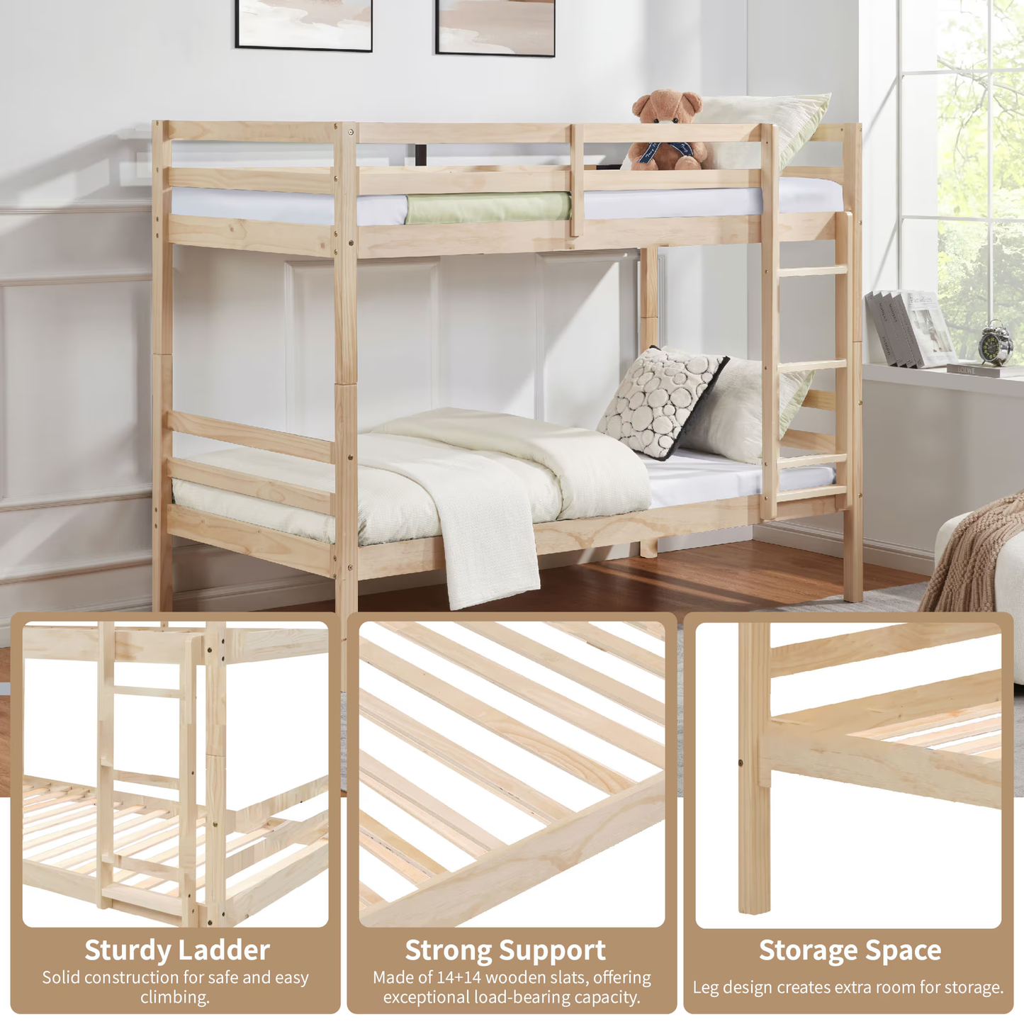 CAFORKP Solid Wood Bunk Bed for Kids with Safety Guardrail, 400 lbs Weight Capacity - Natural Wood