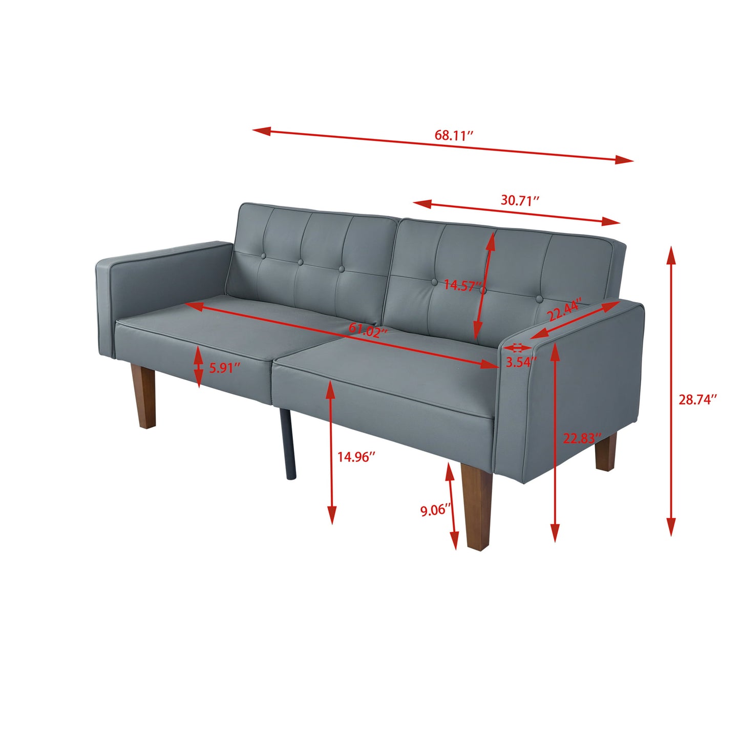 CAFORKP Gray Faux Leather Sofa, Solid Wood Frame, Mid-Century Style, Foam & Spring Support