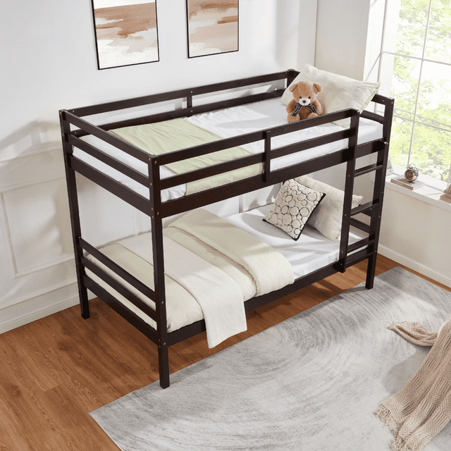 CAFORKP Solid Wood Bunk Bed for Kids with Safety Guardrail, 400 lbs Weight Capacity - Dark Brown