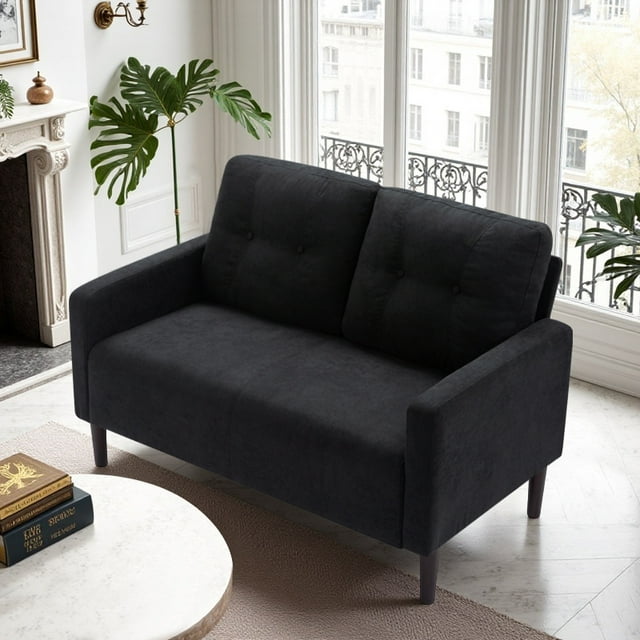 CAFORKP 51.2" Black Loveseat Sofa with Removable Cushions, Solid Wood Frame, Modern Design