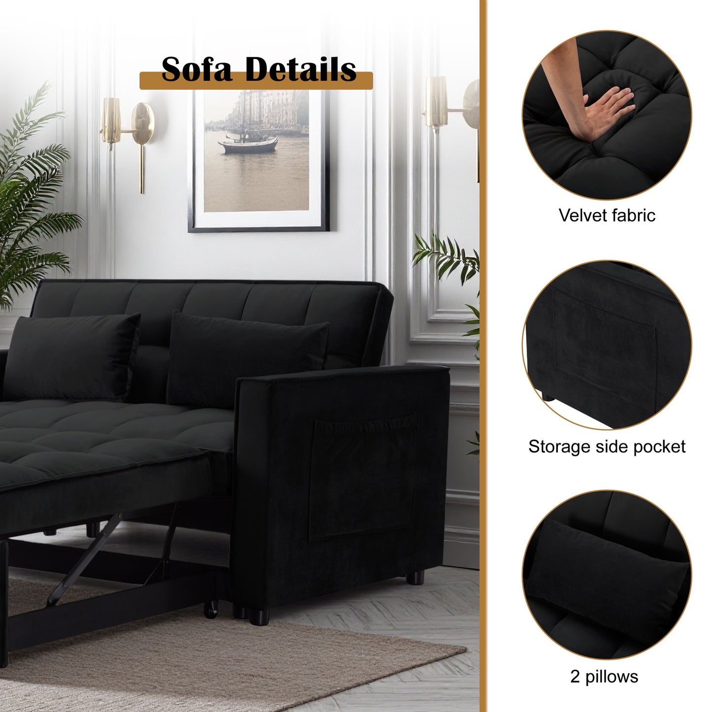 CAFORKP 55" Twin Size Pull-out Sleeper Sofa Bed with Reclining Back, Velvet Upholstery, Black