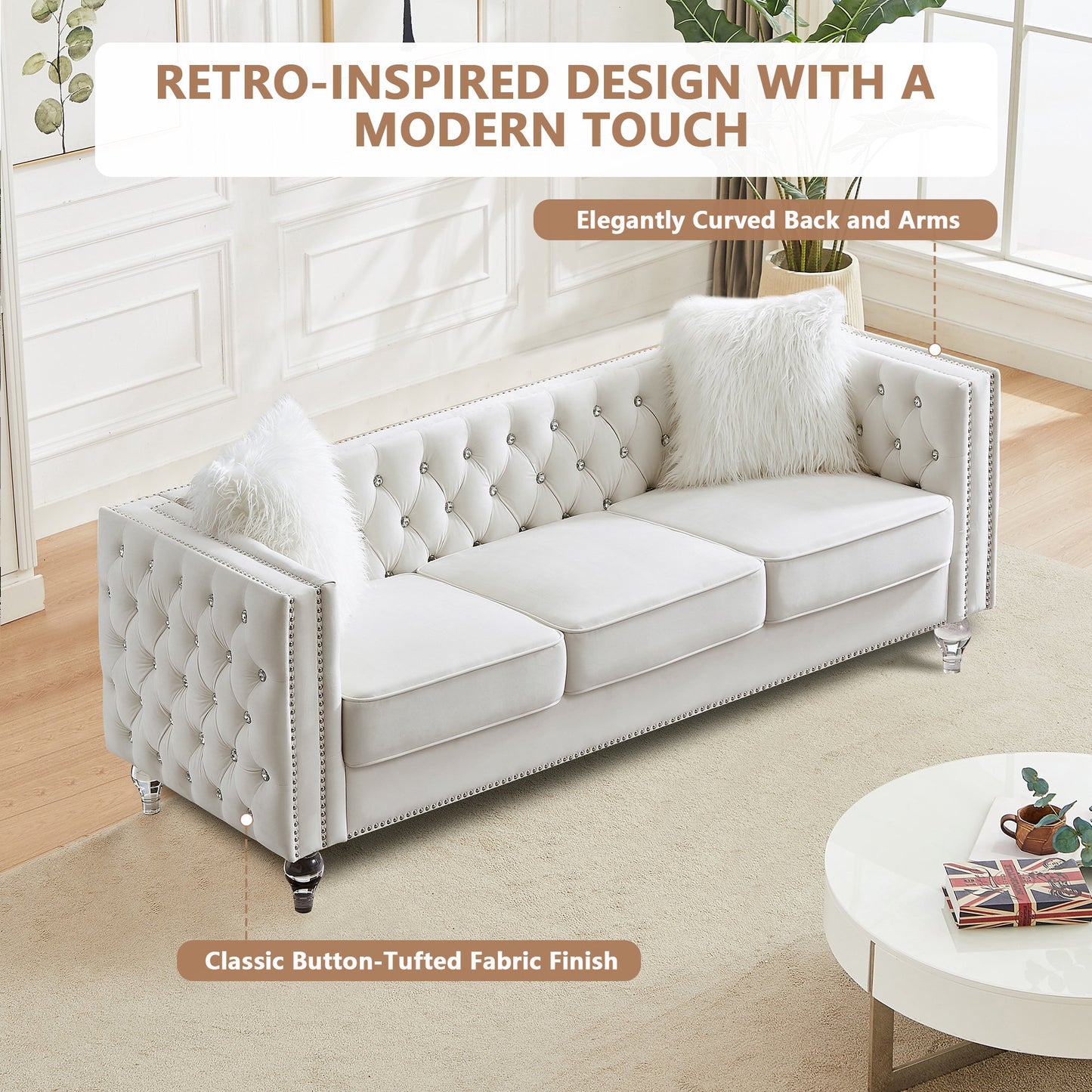 CAFORKP Velvet 3-Seater Sofa, Solid Wood Frame, Button Tufted, Curved Arms, Polyester Upholstery, Beige