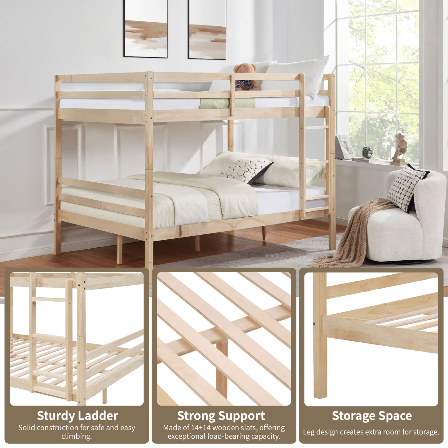 CAFORKP Solid Wood Full over Full Bunk Bed with Ladder & Guardrails, 400lbs Capacity, for Kids,Natural Wood