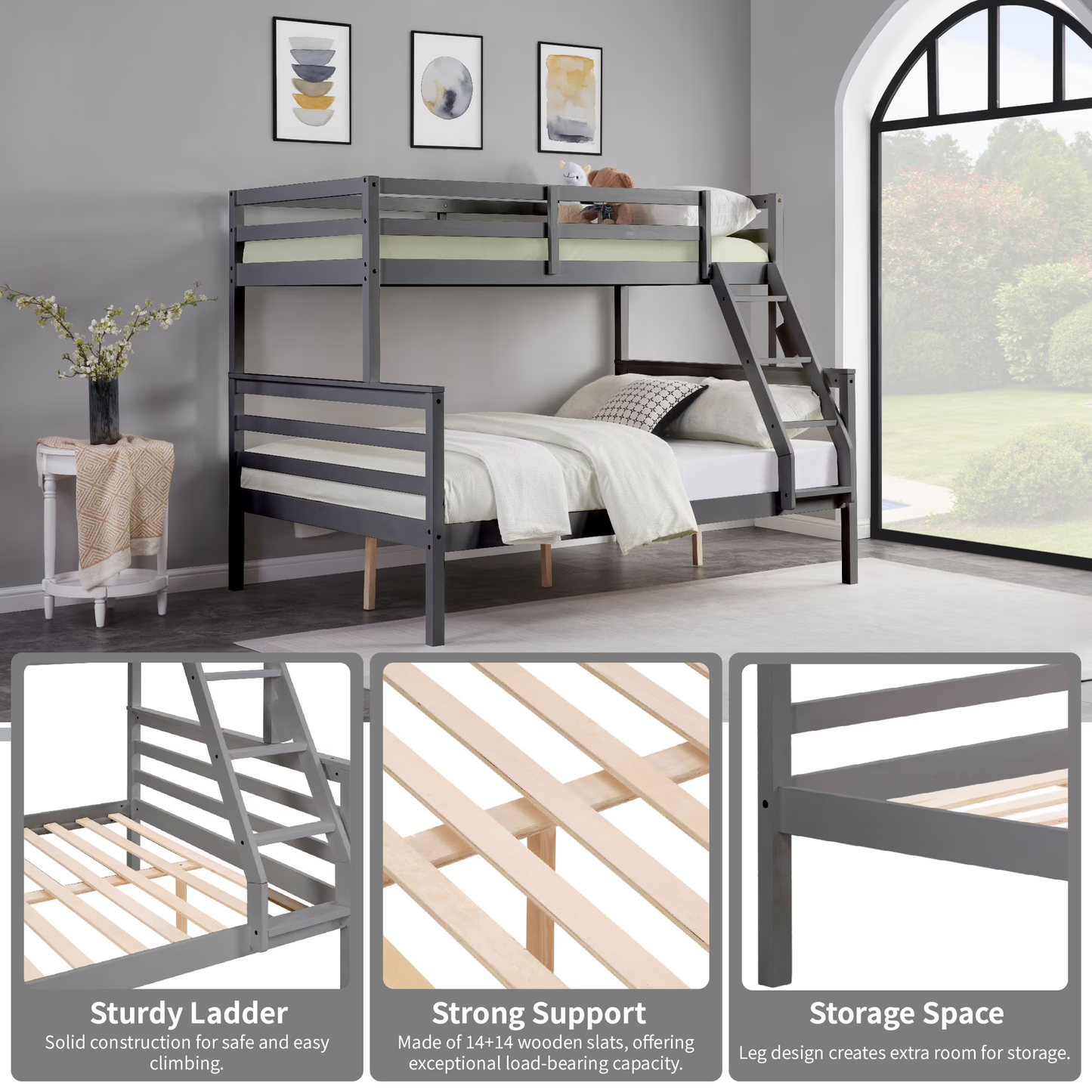 CAFORKP Solid Wood Twin Over Full Bunk Bed with Ladder and High Guardrail – Ideal for Kids & Teens, Grey