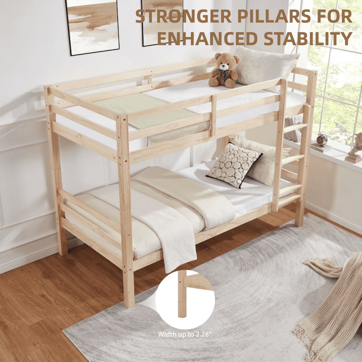 CAFORKP Solid Wood Twin over Twin Bunk Bed with Thickened Posts, Ladder & Guardrails, 400lbs Capacity,Natural Wood