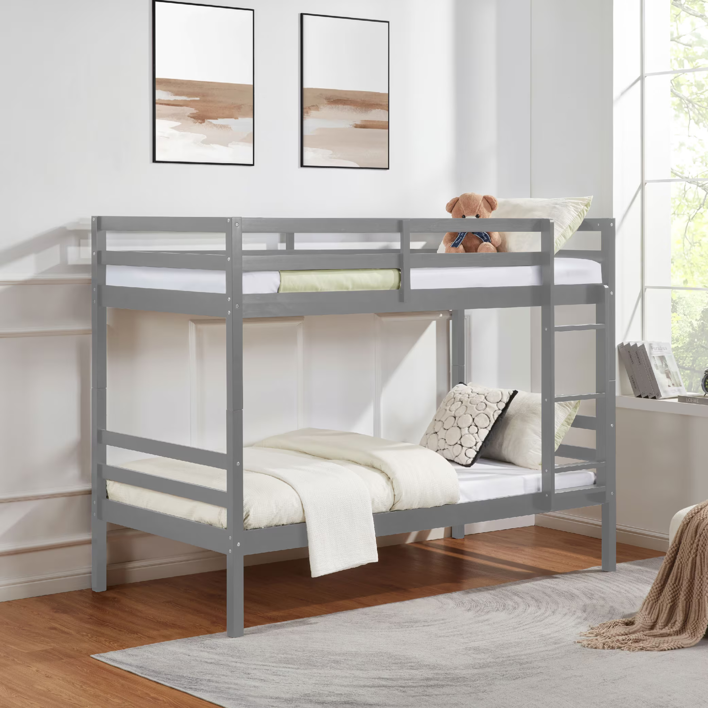 CAFORKP Solid Wood Bunk Bed for Kids with Safety Guardrail, 400 lbs Weight Capacity - Grey