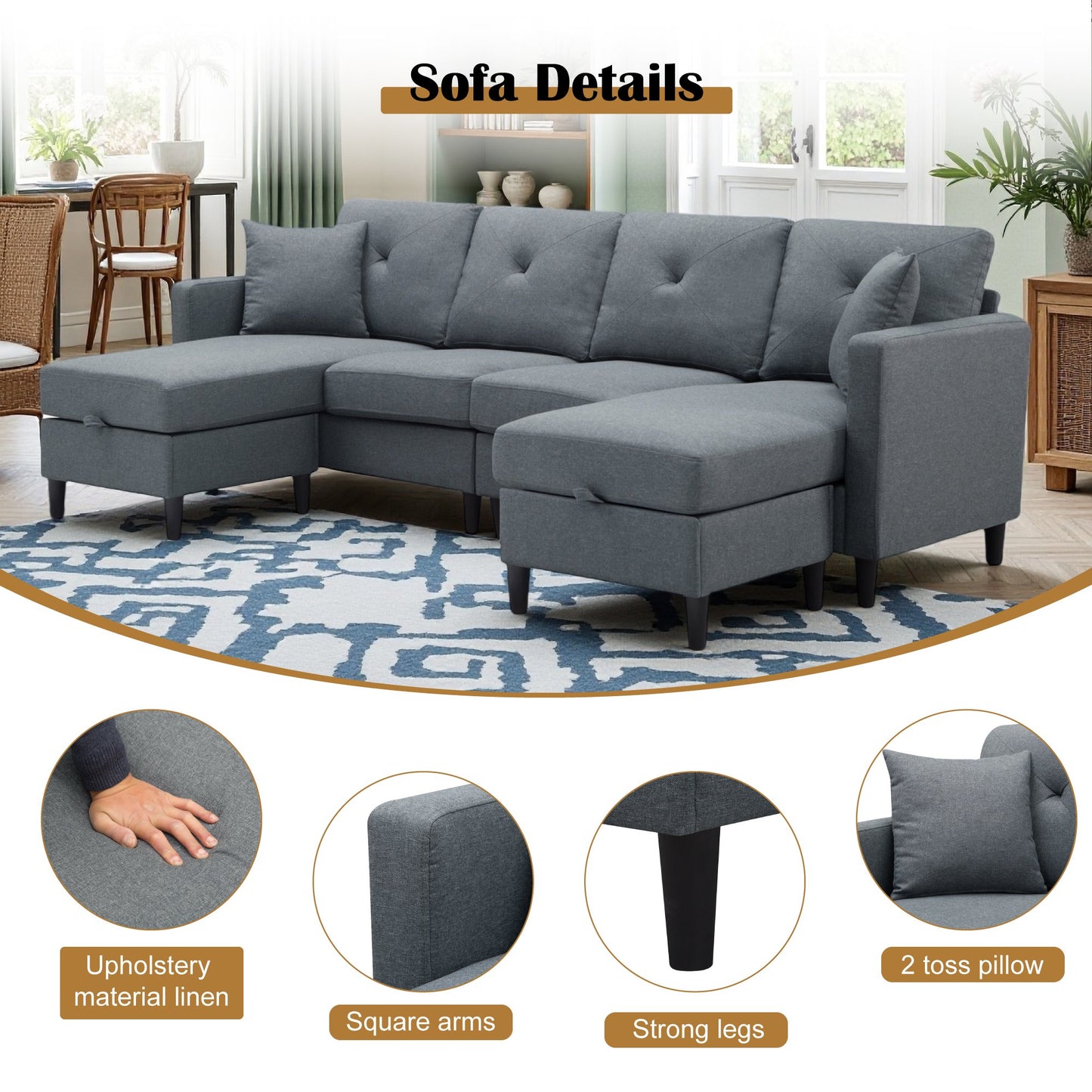CAFORKP 99.2" U-Shaped Modular Sectional Sofa, Upholstered, Modern Design, Gray
