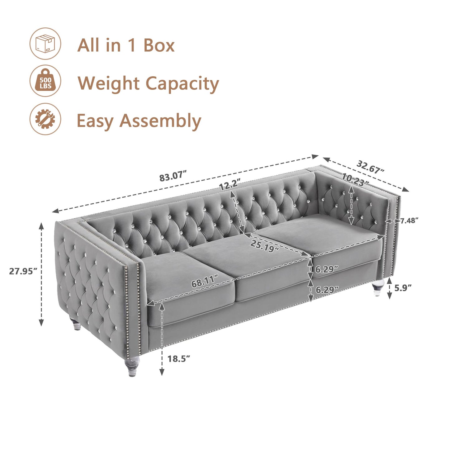 CAFORKP Velvet 3-Seater Sofa, Solid Wood Frame, Button Tufted, Curved Arms, Polyester Upholstery, Gray
