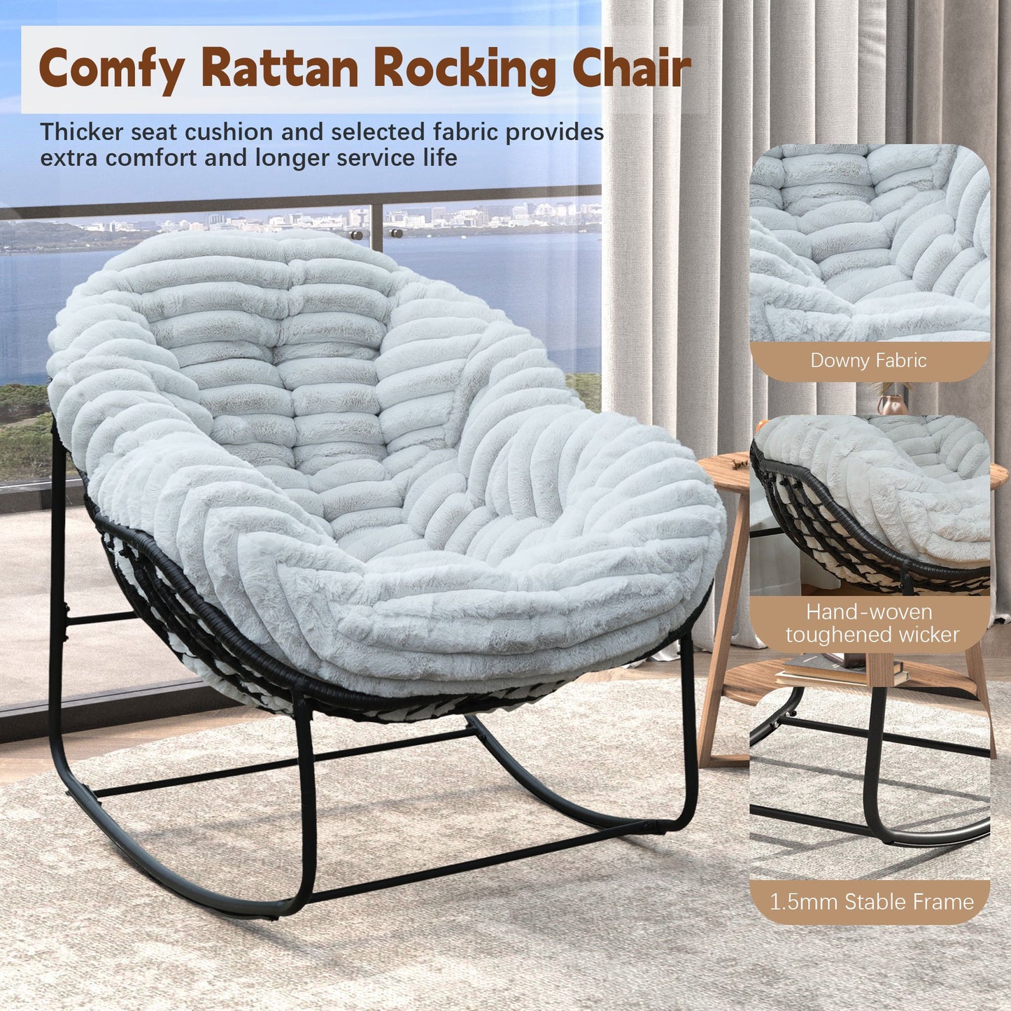CAFORKP Carson Rocking Chair for Indoor/Outdoor Use, Plush Cushion, Steel Frame, Comfortable, Light Gray
