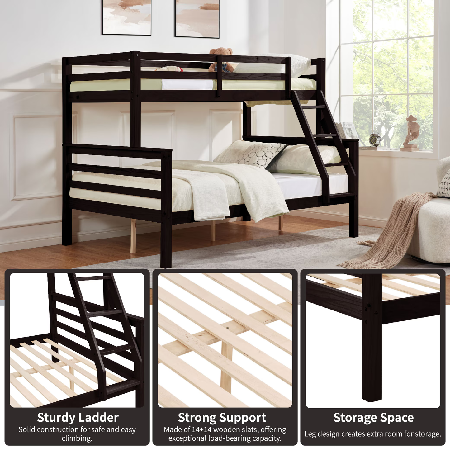 CAFORKP Twin Over Full Wooden Bunk Bed with Thick Posts, High Guardrail & Ladder for Kids, Brown