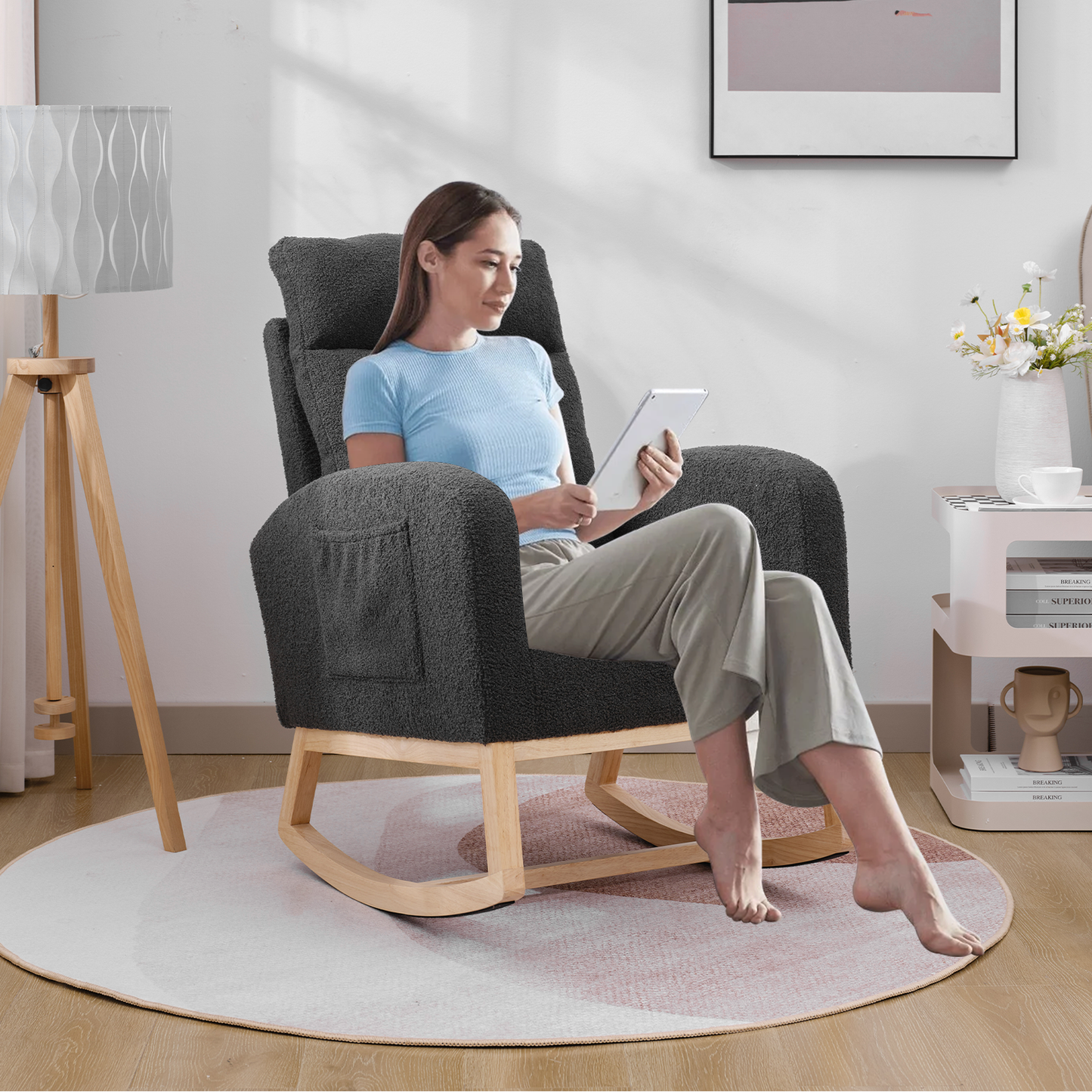 CAFORKP Upholstered Nursery Rocking Chair with High Back, Side Pocket, Wood Base, Dark Gray