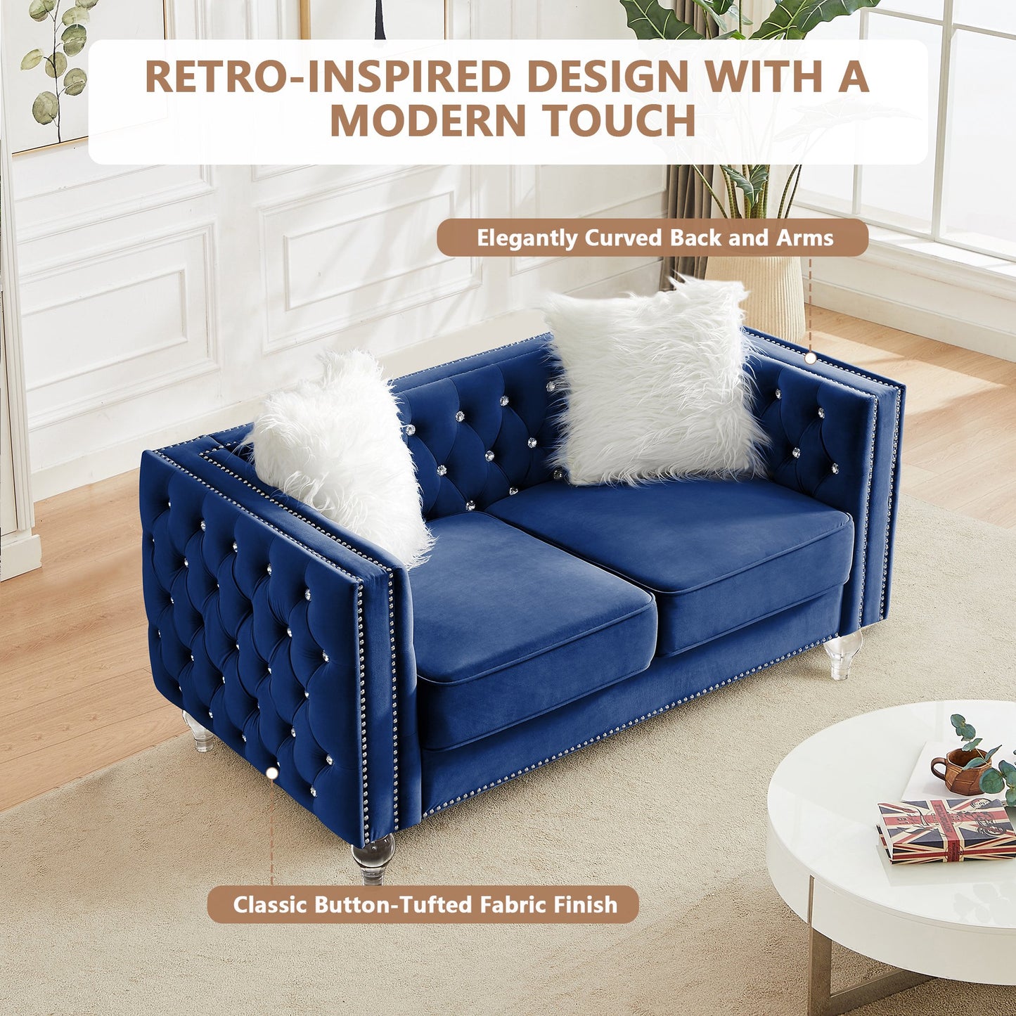 CAFORKP Velvet Loveseat Sofa, Solid Wood Frame, Polyester Upholstery, Foam Filled, Tufted, Navy Blue