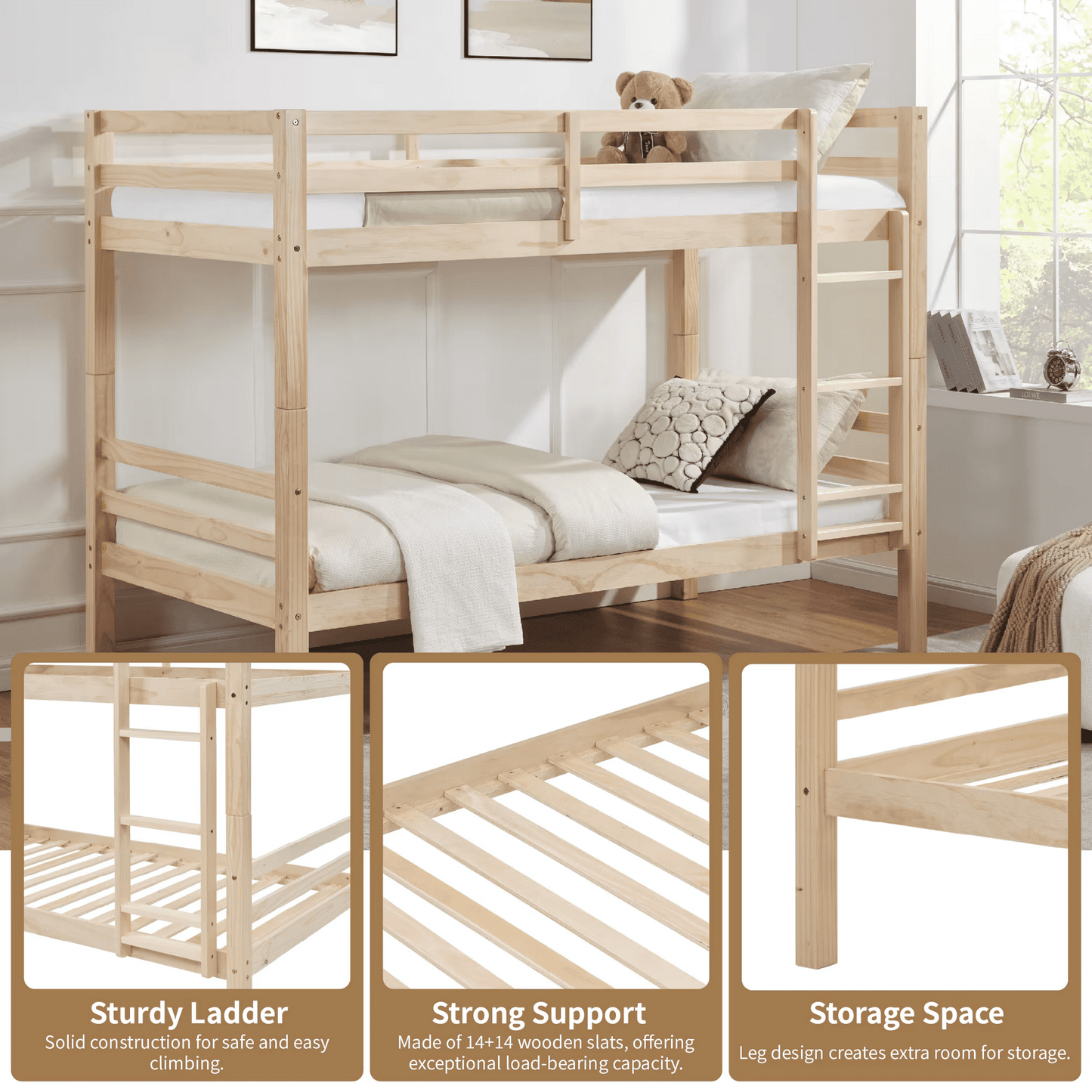 CAFORKP Solid Wood Twin over Twin Bunk Bed with Thickened Posts, Ladder & Guardrails, 400lbs Capacity,Natural Wood