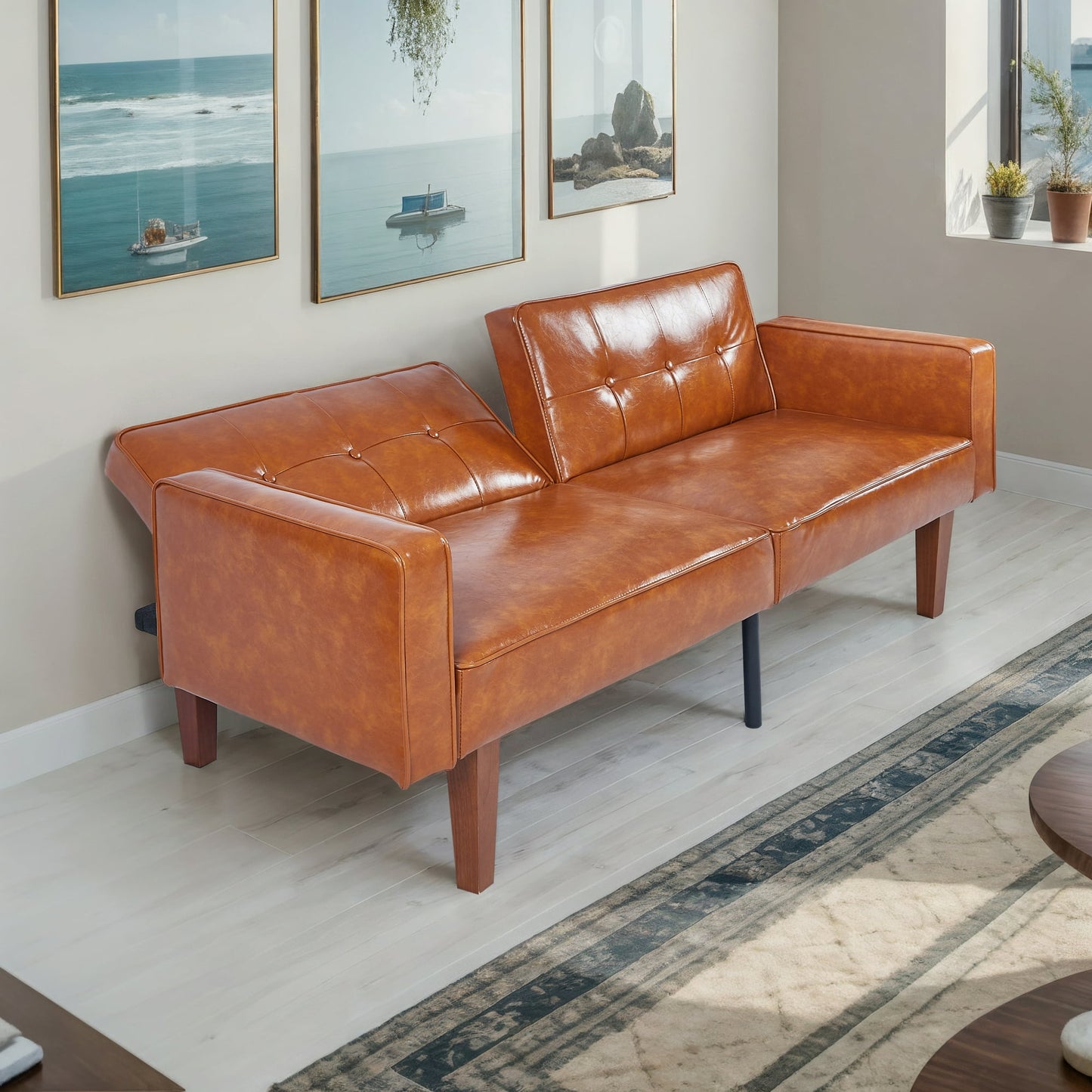 CAFORKP Brown Glossy PU Leather Sofa, Solid Wood Frame, Foam & Spring Support, Modern Design
