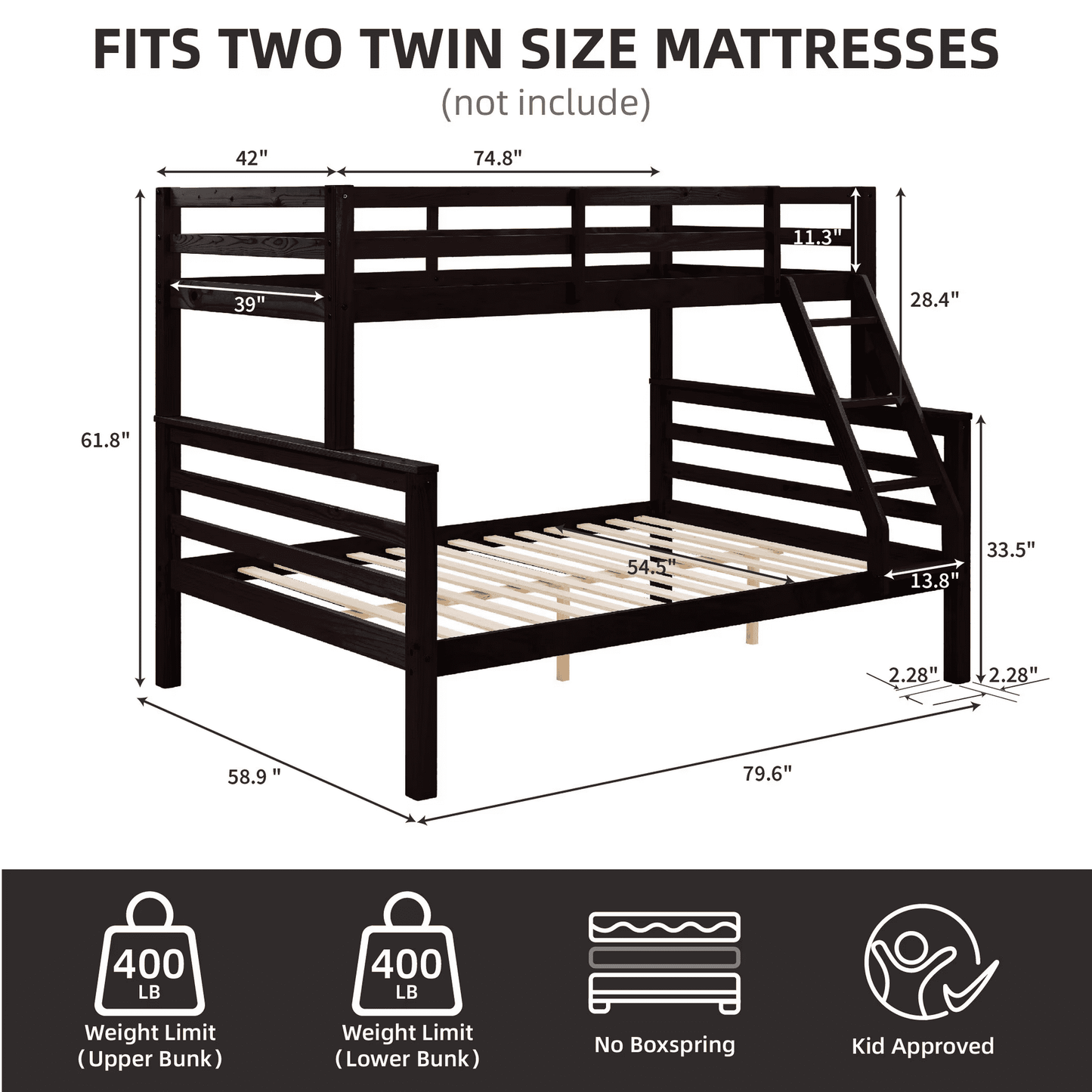 CAFORKP Twin Over Full Wooden Bunk Bed with Thick Posts, High Guardrail & Ladder for Kids, Brown