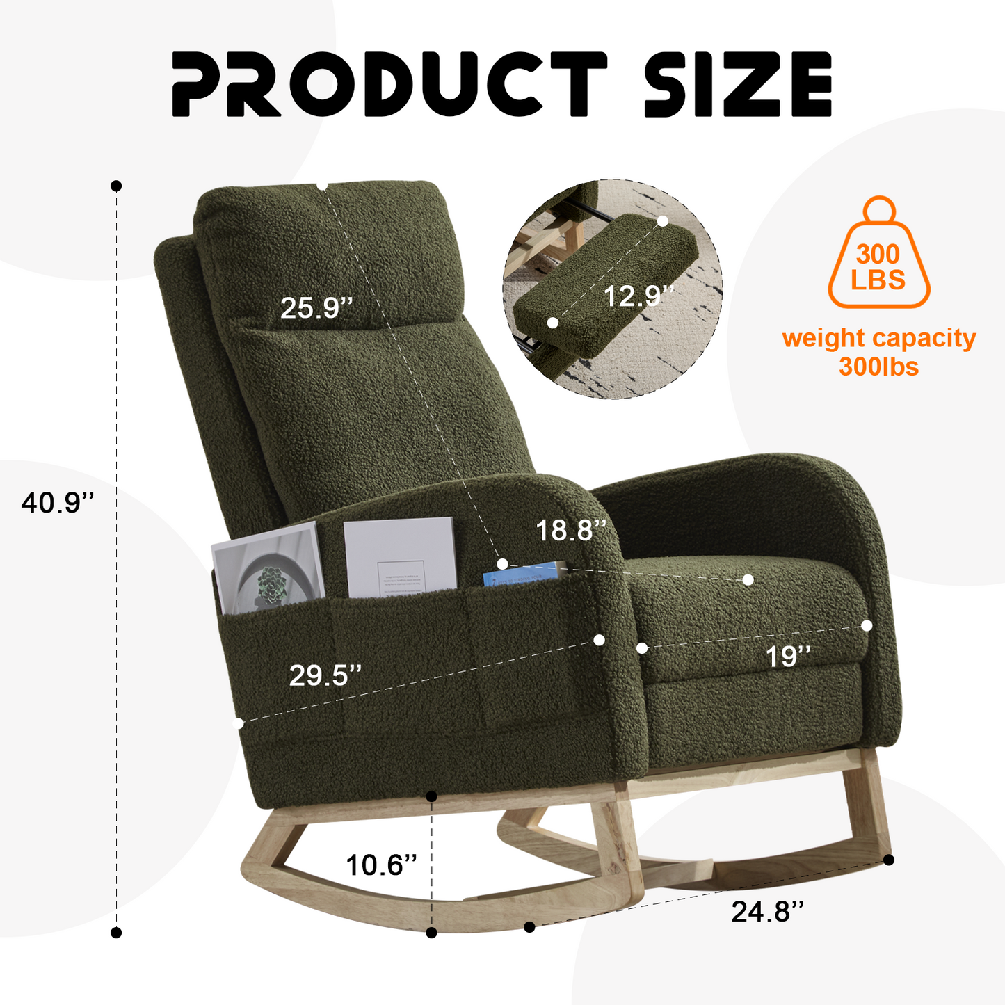 CAFORKP Upholstered Nursery Rocking Chair with High Back, Side Pocket, Wood Base, Dark Green