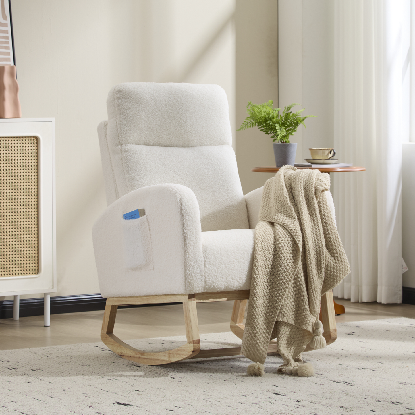CAFORKP Upholstered Nursery Rocking Chair with High Back, Side Pocket, Wood Base, White