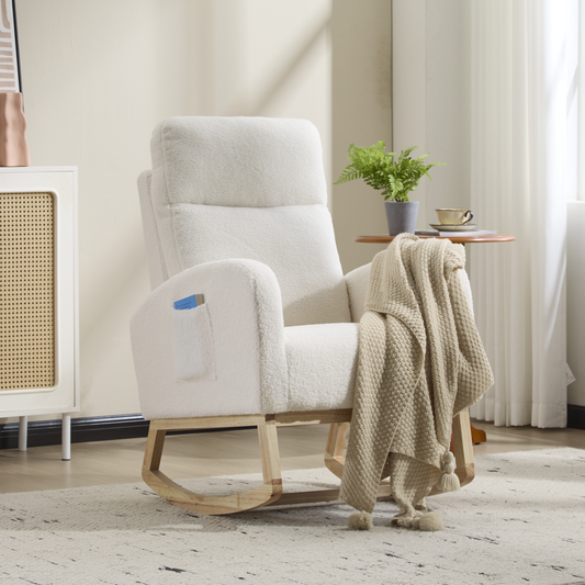 CAFORKP Upholstered Nursery Rocking Chair with High Back, Side Pocket, Wood Base, White
