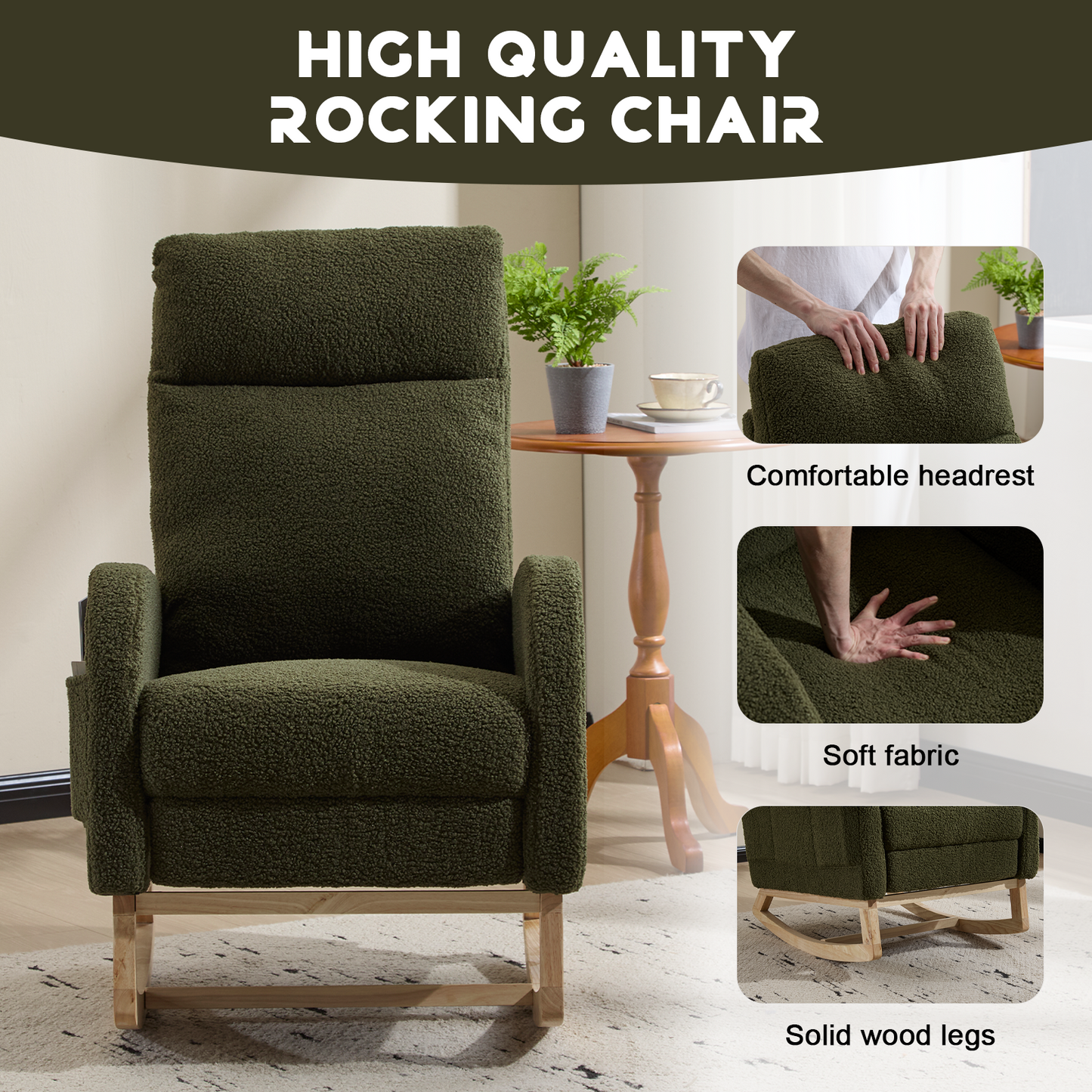CAFORKP Upholstered Nursery Rocking Chair with High Back, Side Pocket, Wood Base, Dark Green