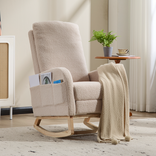 CAFORKP Upholstered Rocking Chair with High Back and Side Pocket, Nursery Glider for Living Room, Beige